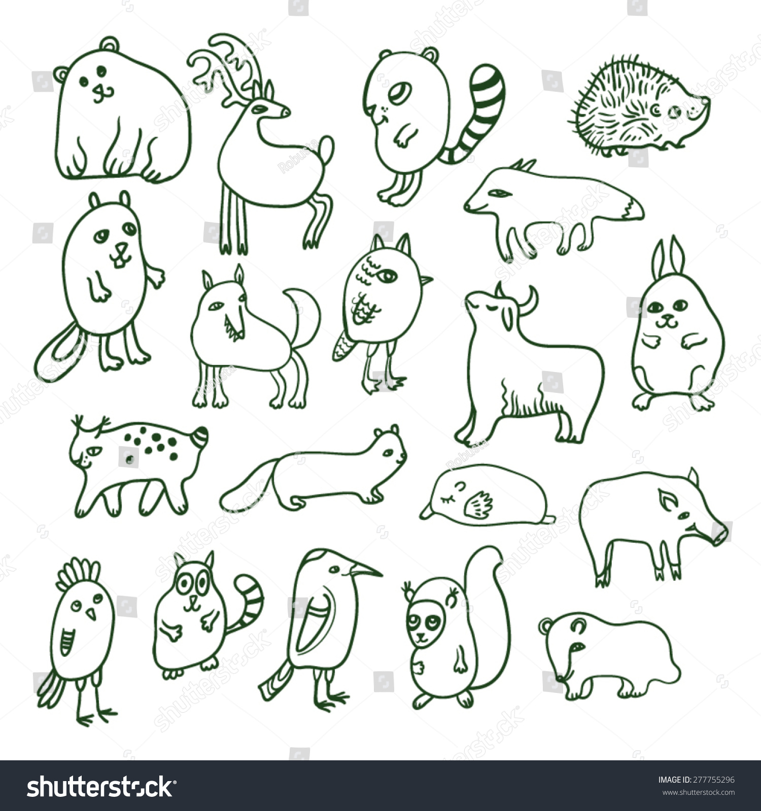 Vector Set Doodle Forest Animals Stock Vector Royalty Free 277755296