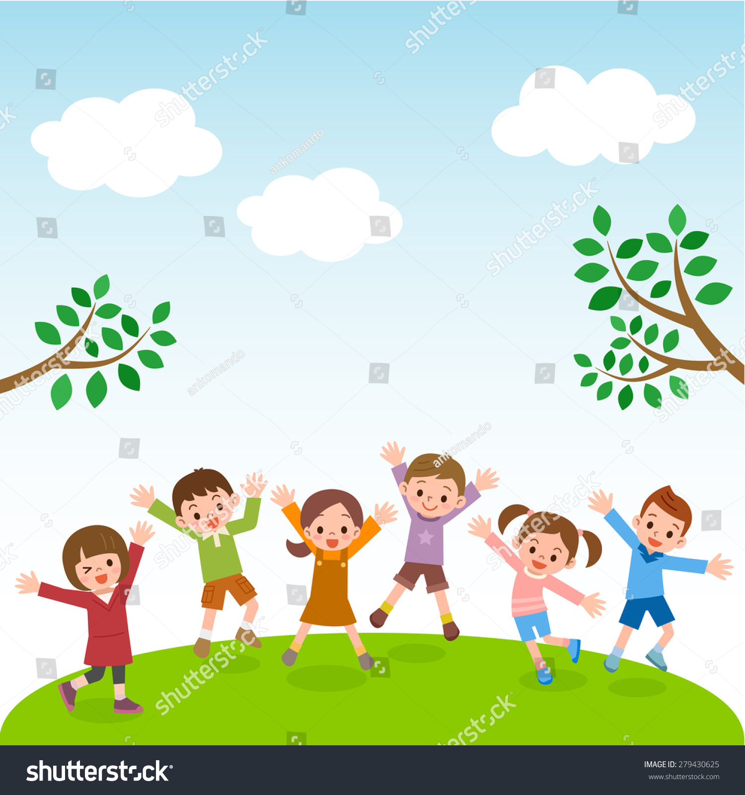 Group Kids Jumping On Grass Hill Stock Vector (Royalty Free) 279430625 ...