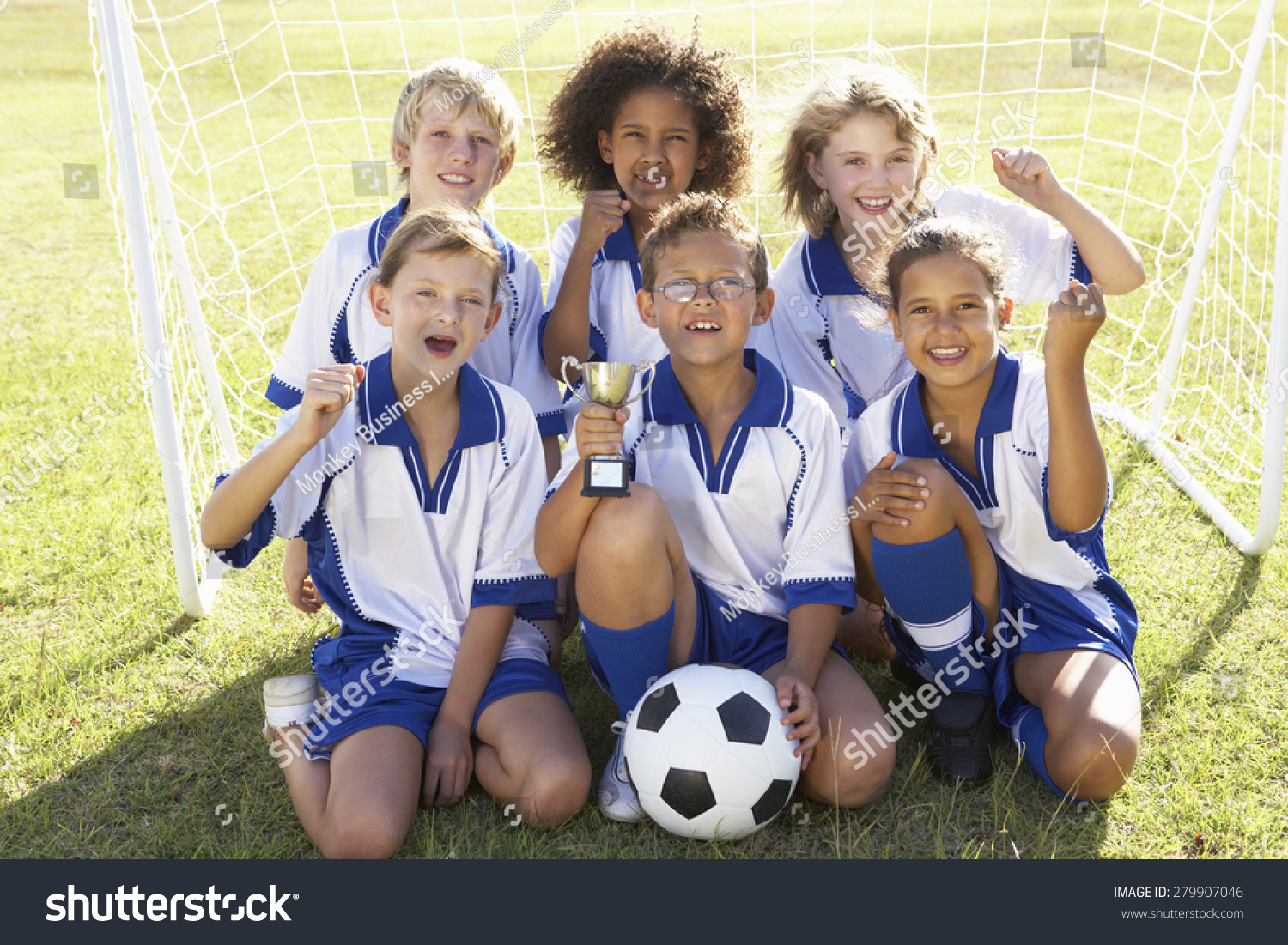 Group Children Soccer Team Celebrating Trophy Stock Photo 279907046 ...