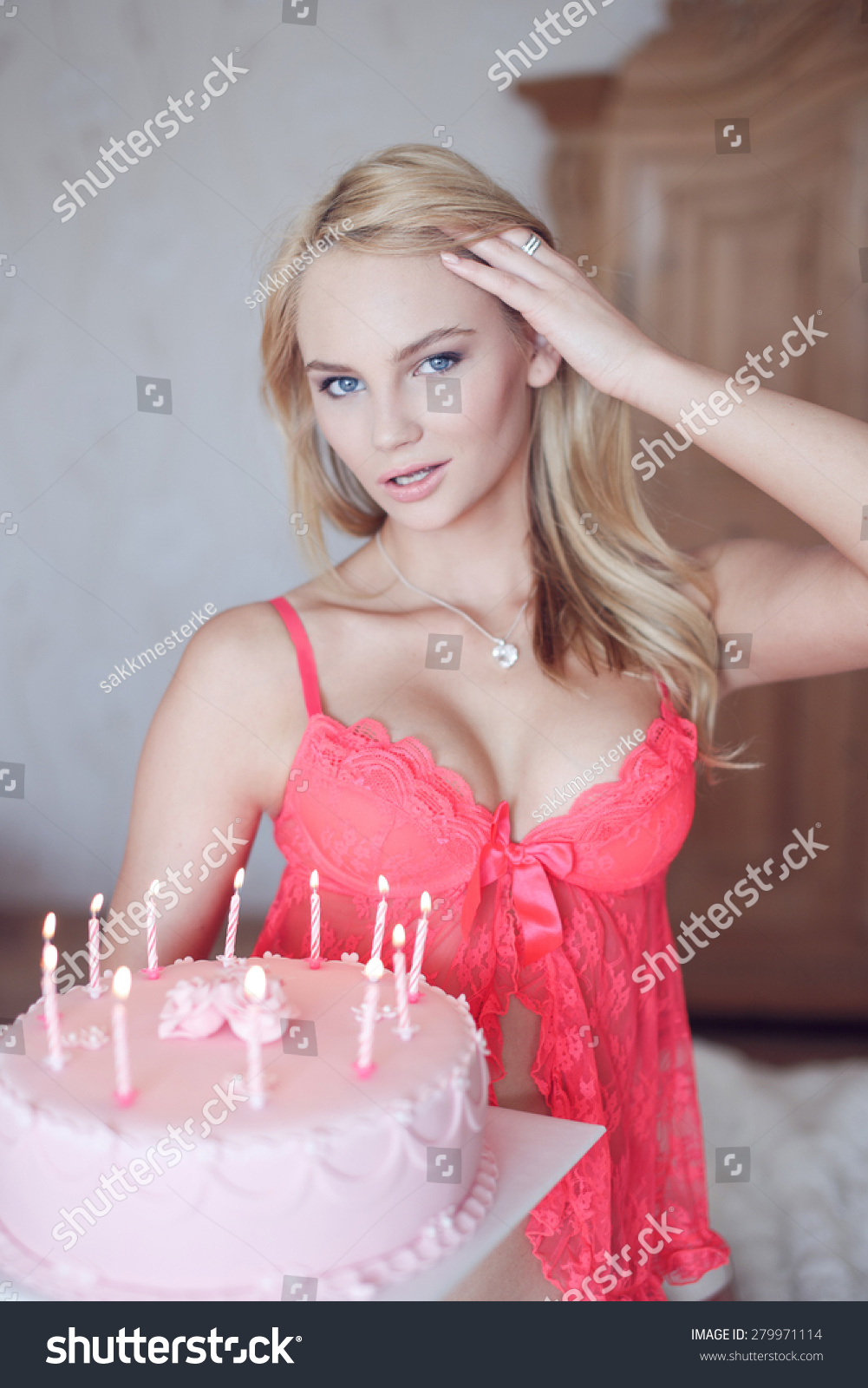 Sexy Blonde Woman Pink Lingerie Holding Stock Photo Shutterstock