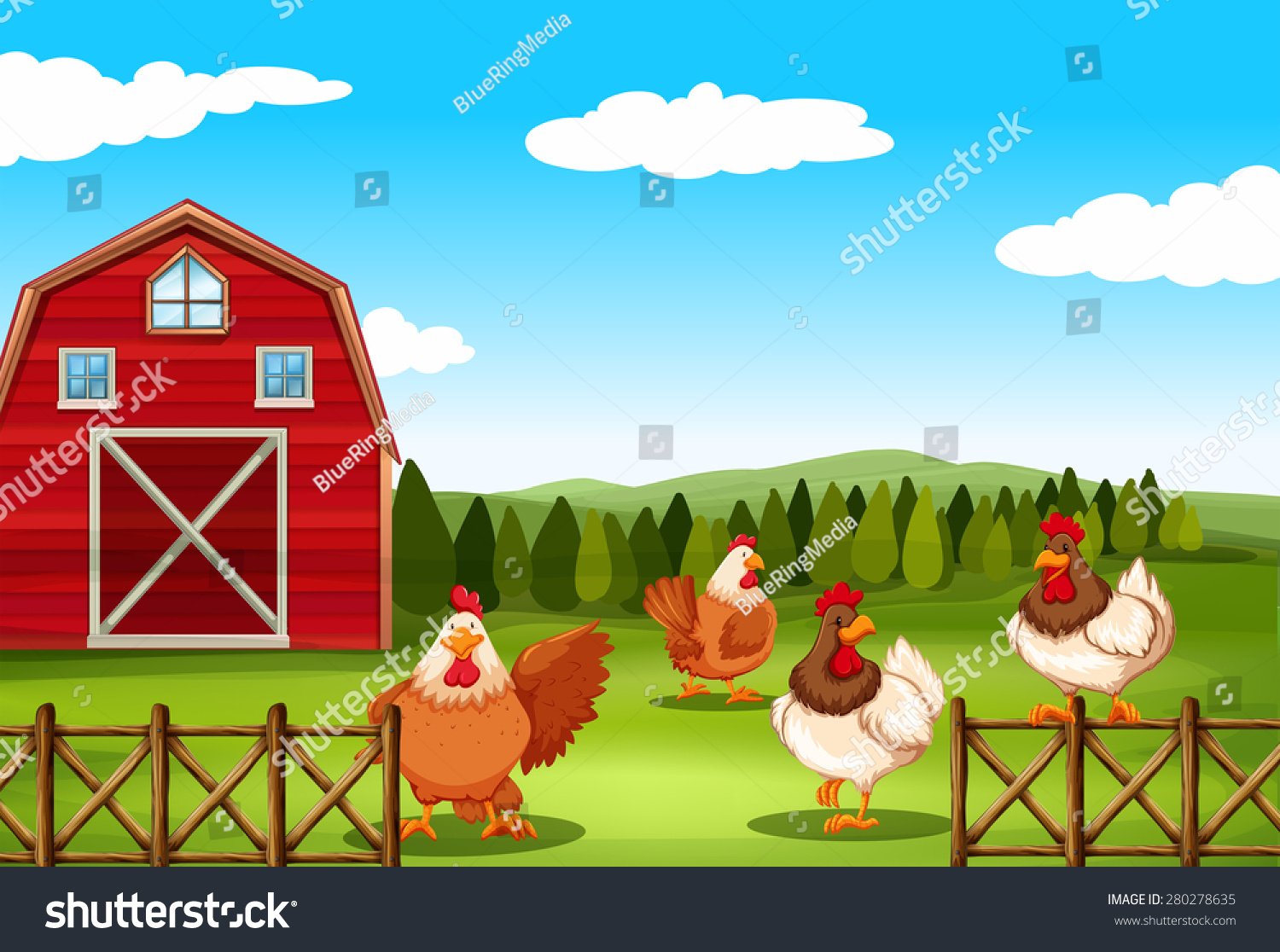 Poster Barn Chickens Behind Fence Stock Vector (Royalty Free) 280278635 ...