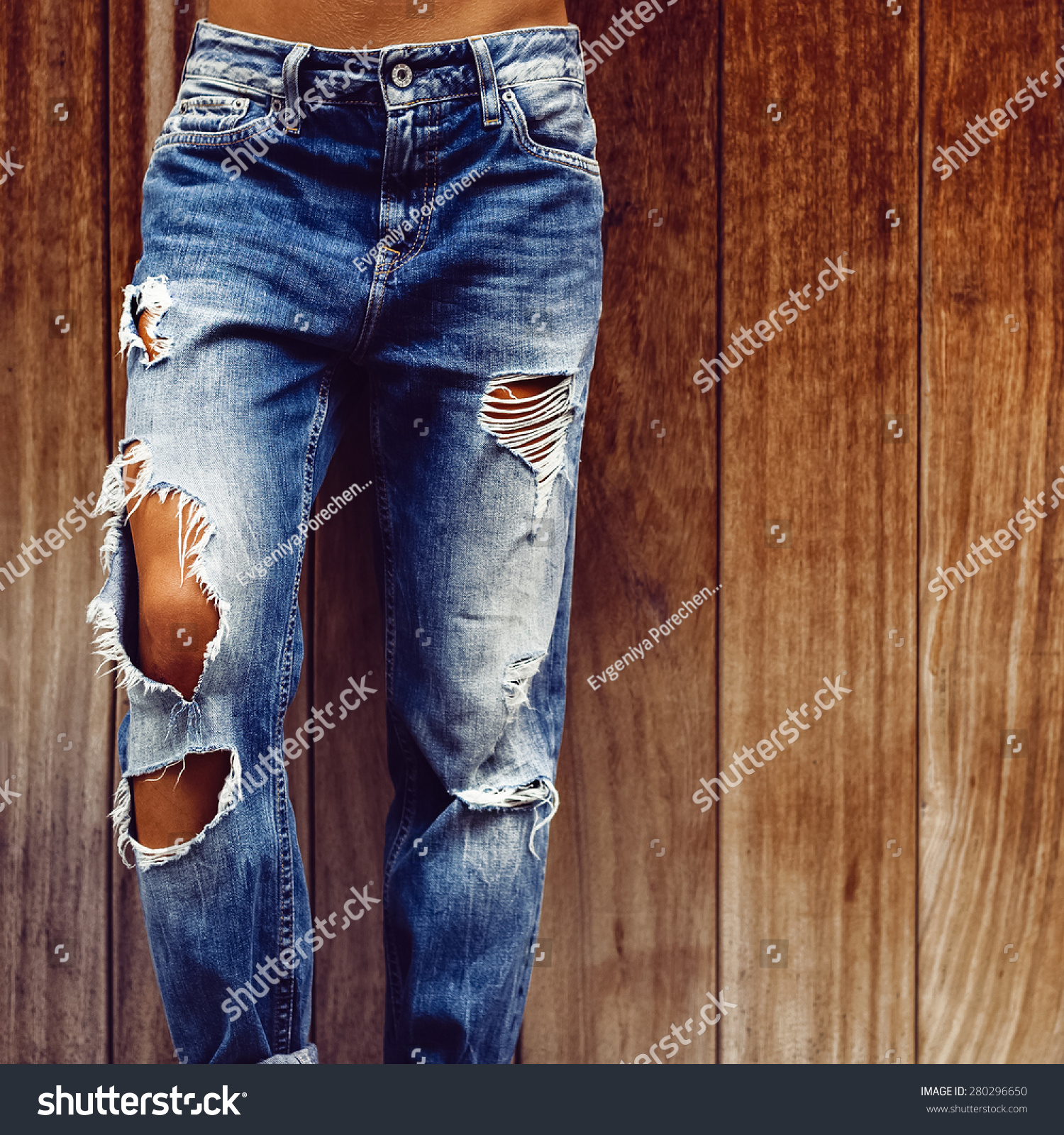 Girl Stylish Torn Jeans On Wooden Stock Photo 280296650 | Shutterstock