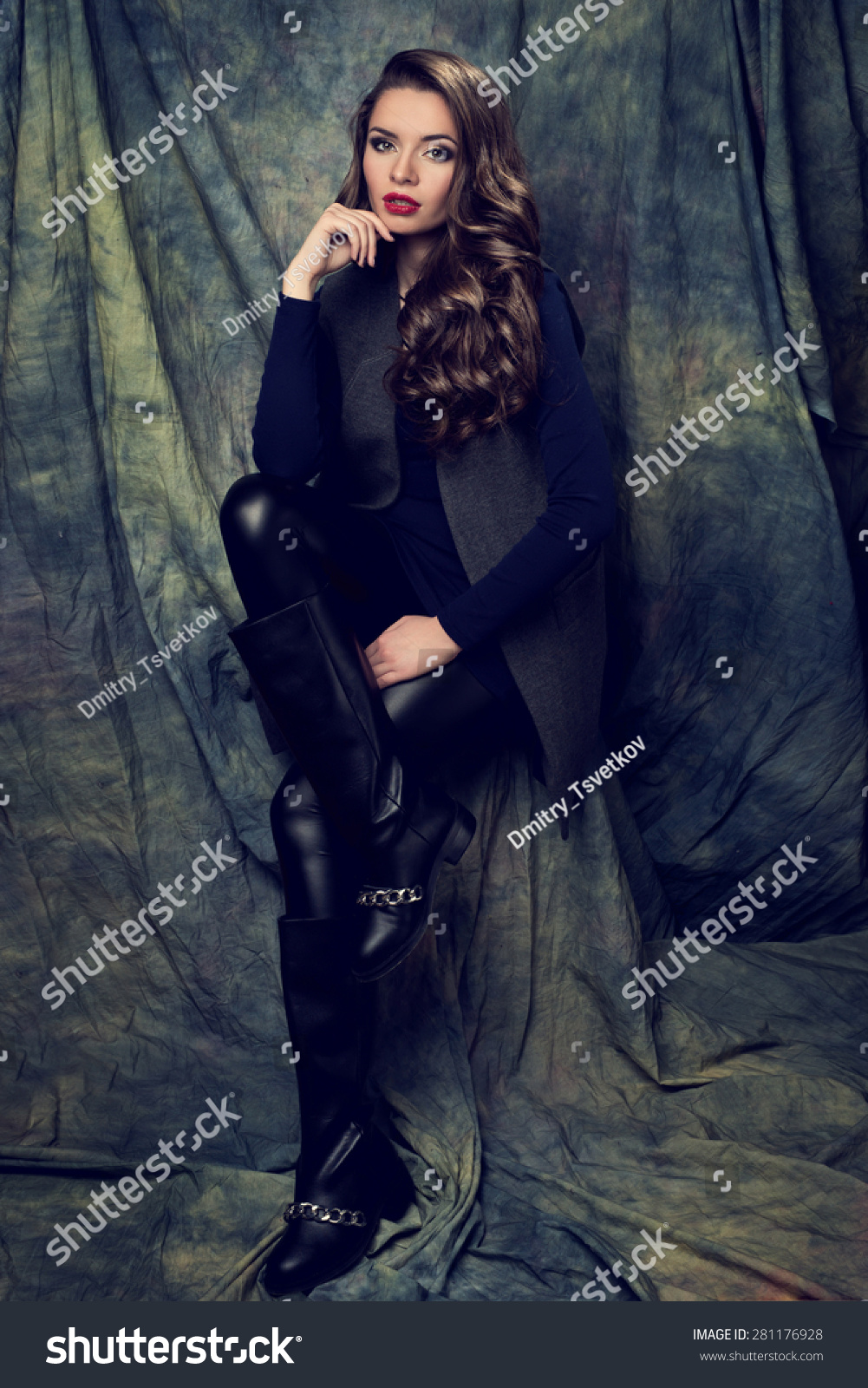 Stylish Girl Posing Against Textile Background Stock Photo 281176928 ...