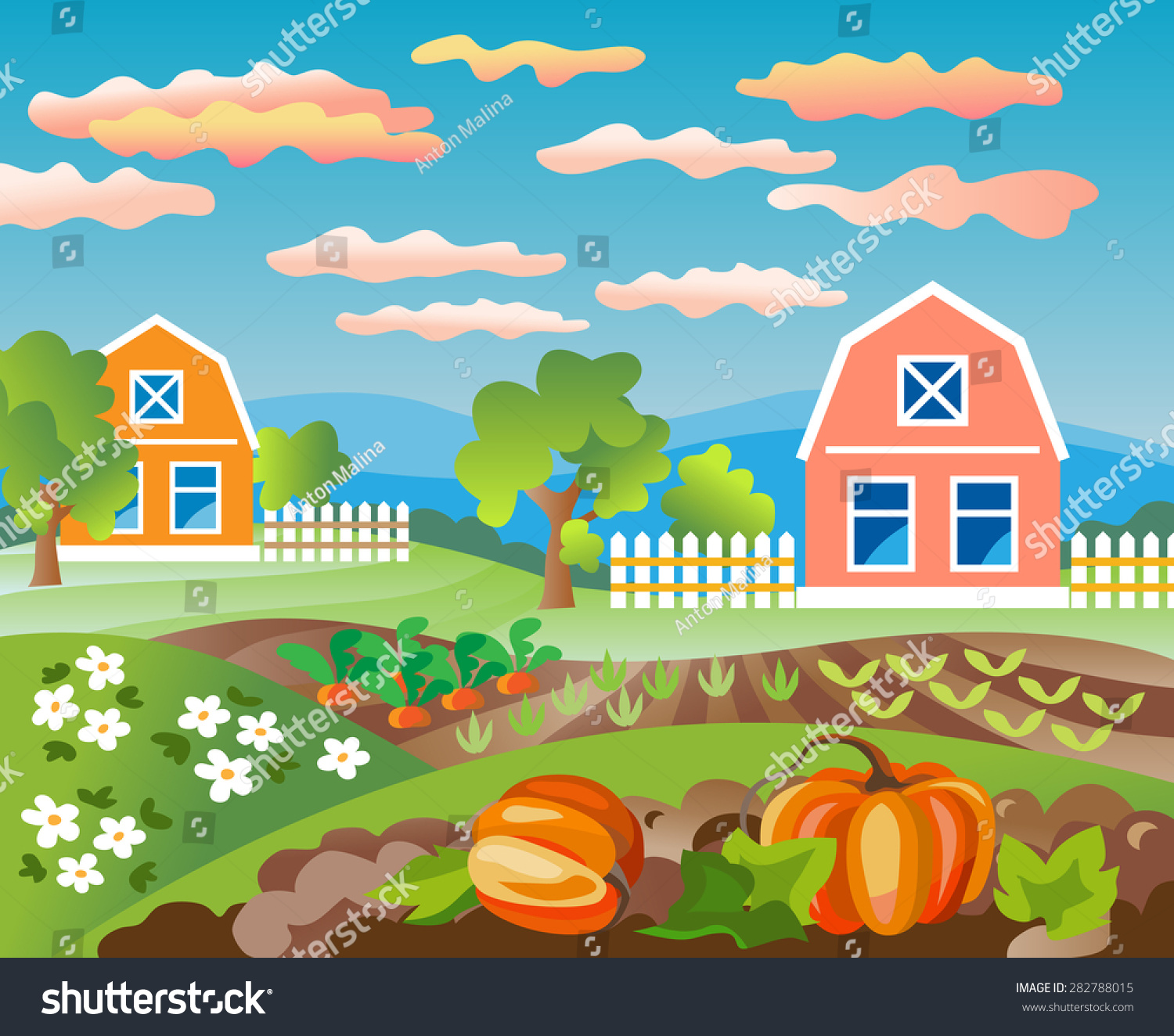 Деревенский домик с огородом рисование