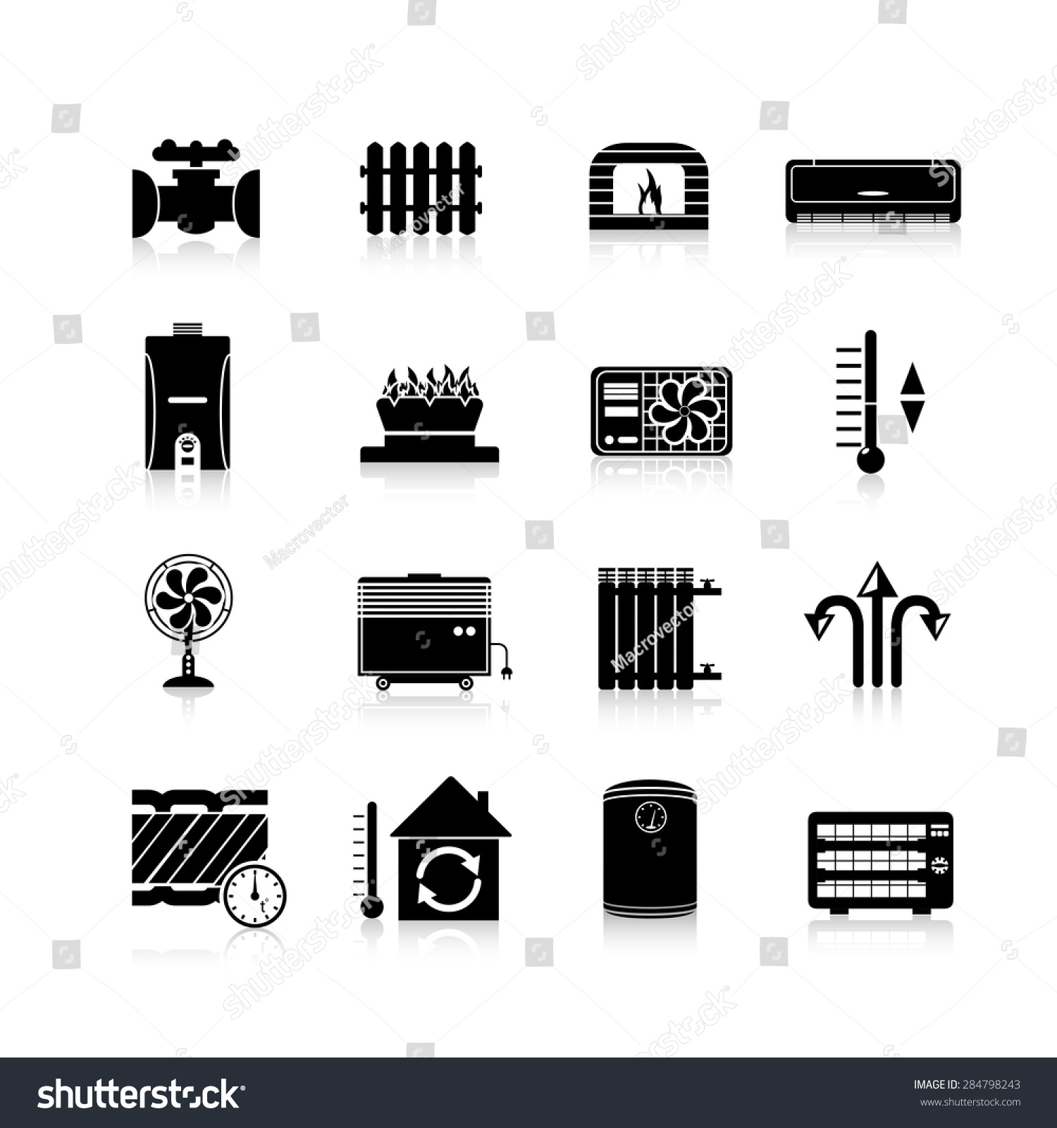 Heating Icons Black Set Heat Cooling Stock Vector (Royalty Free ...