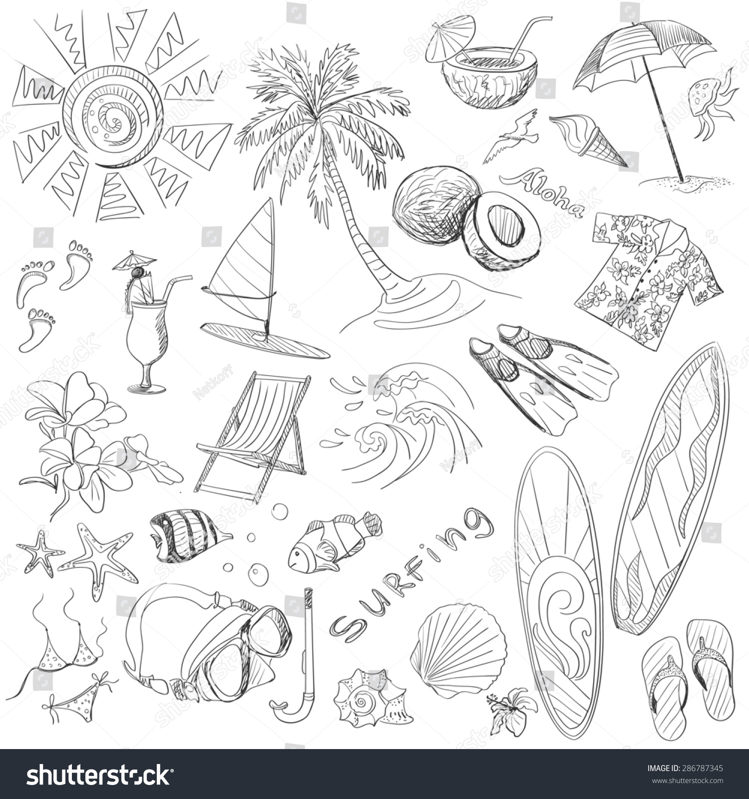 Surfing Hand Draw Doodles Various Summer Stock Illustration 286787345 ...