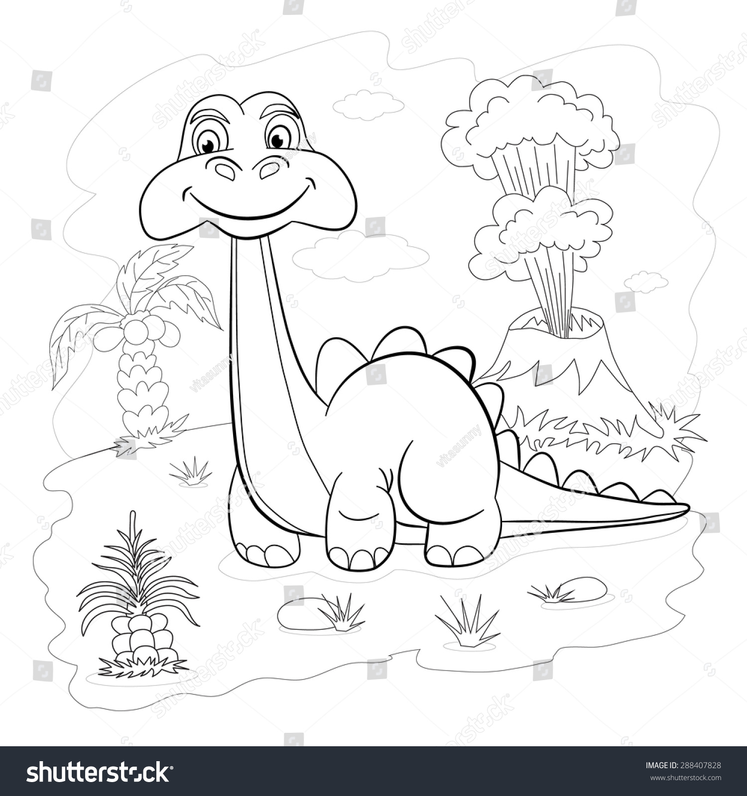 Coloring Book Funny Dinosaur Prehistoric Landscape Stock Vector ...