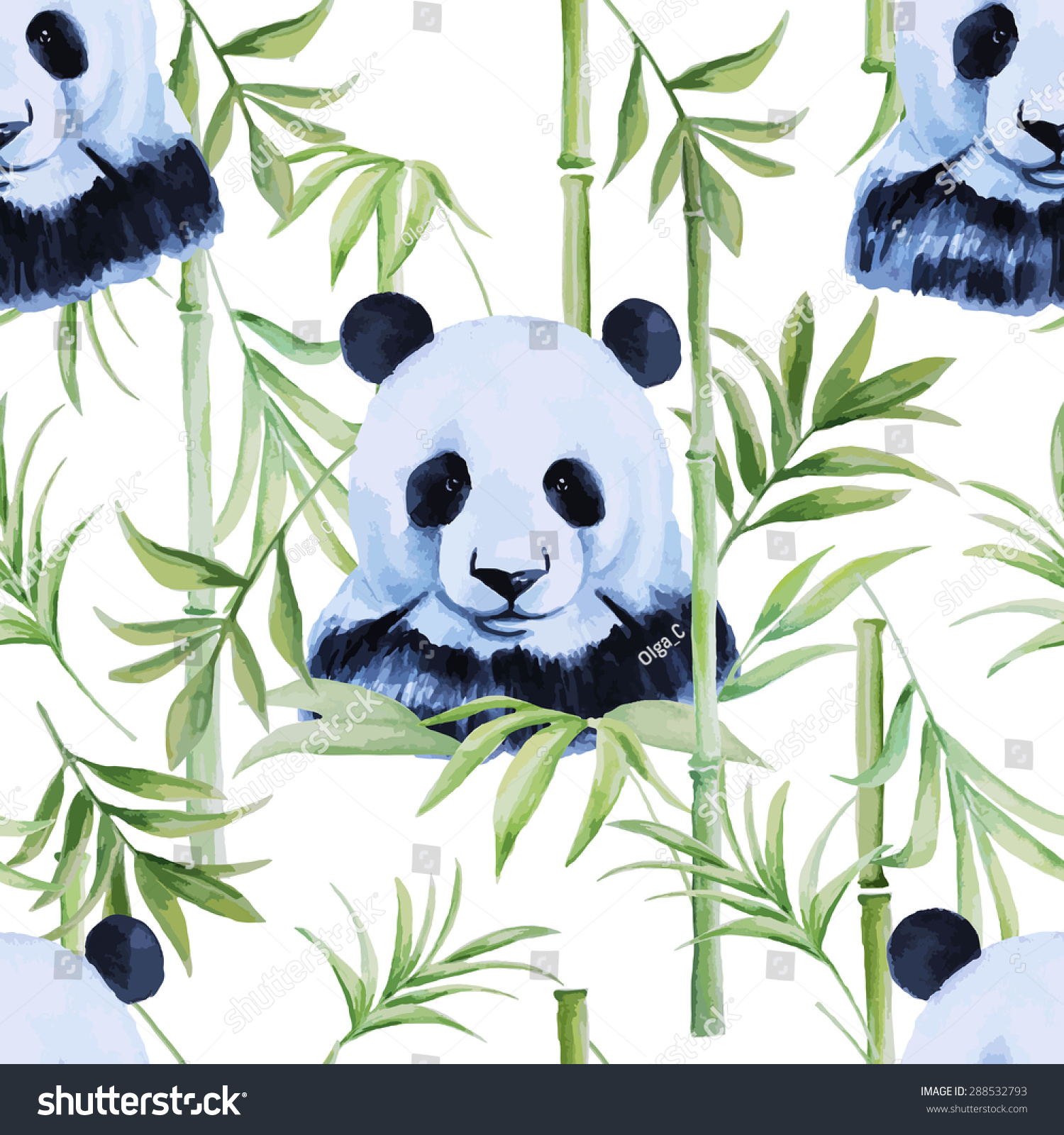 Панда и бамбук акварелью