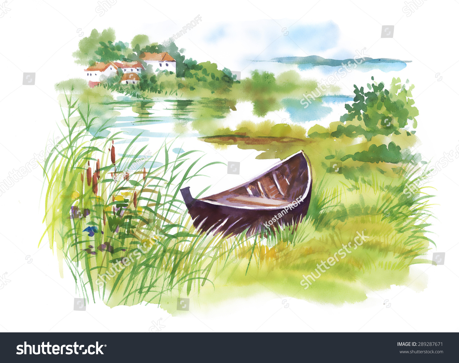 Лодка на озере рисунок