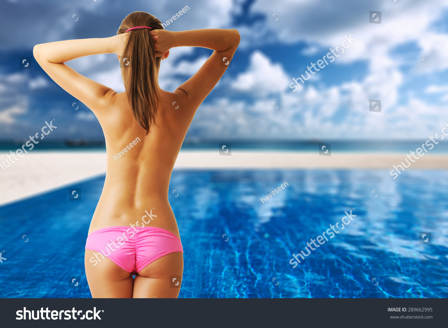 Woman Topless Swimming Pool Tropical Hotel Stock Photo Shutterstock