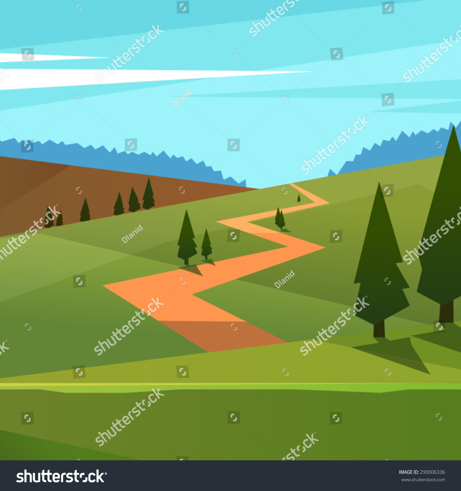 Scenic Green Fields Pines Pathway Stock Vector (Royalty Free) 290006336 ...