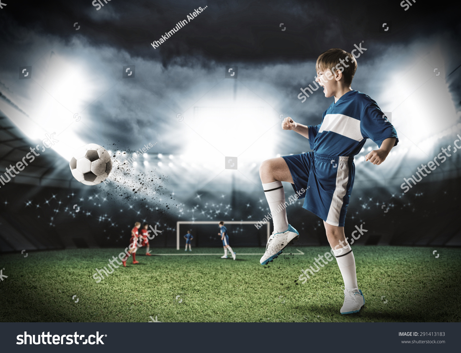 Excited Boy Football Player Stadium Kicking Stock Photo 291413183 ...