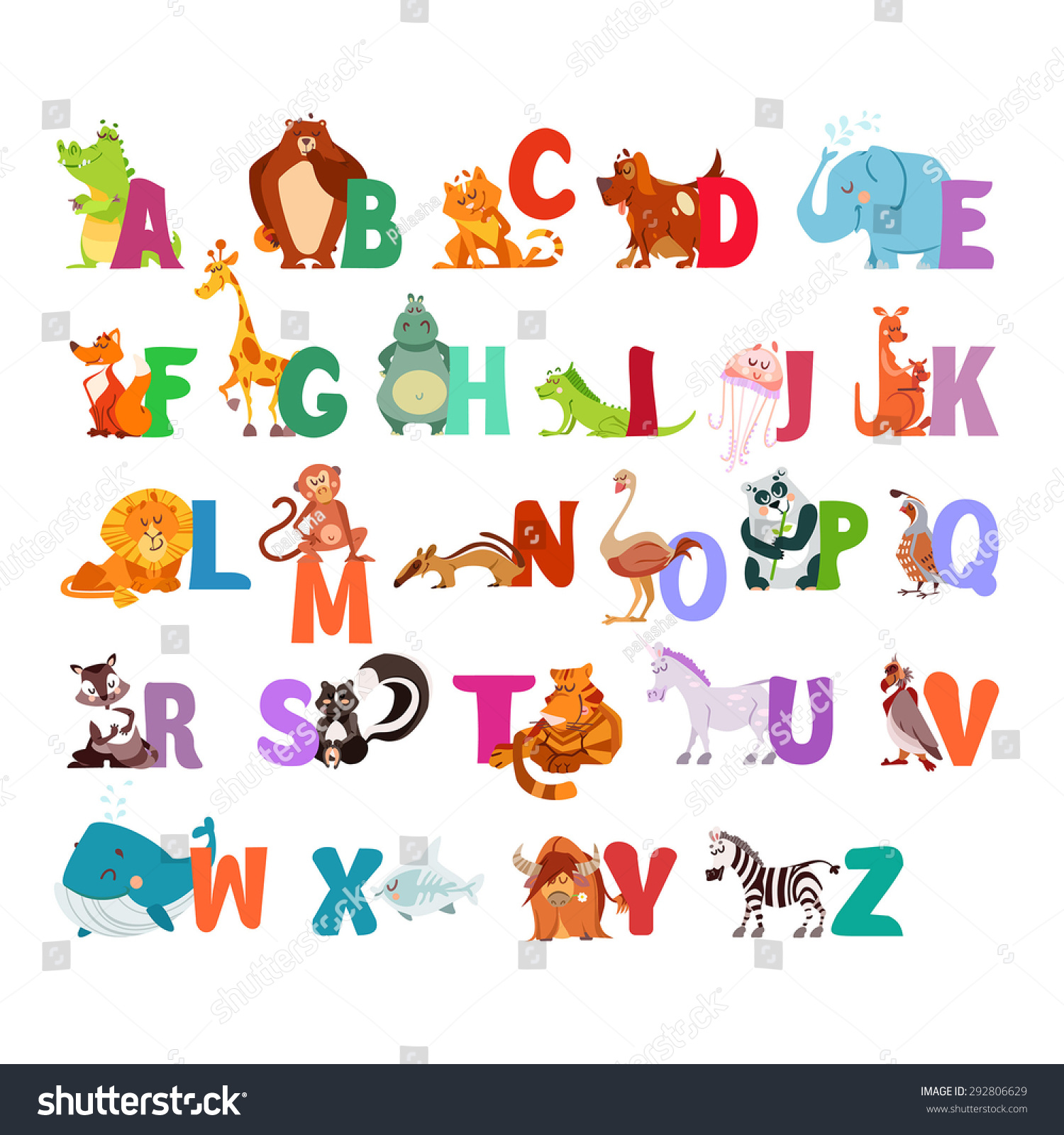 Cute Zoo Alphabet Funny Cartoon Characters Stock Vector (Royalty Free ...