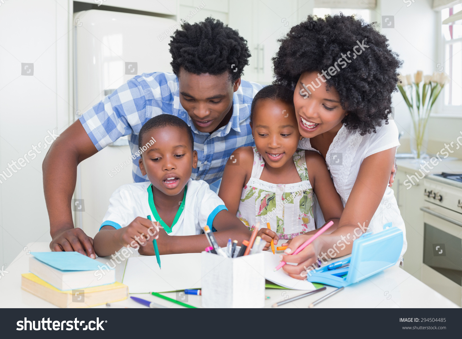 Happy Parents Helping Children Homework Home Stock Photo 294504485 ...