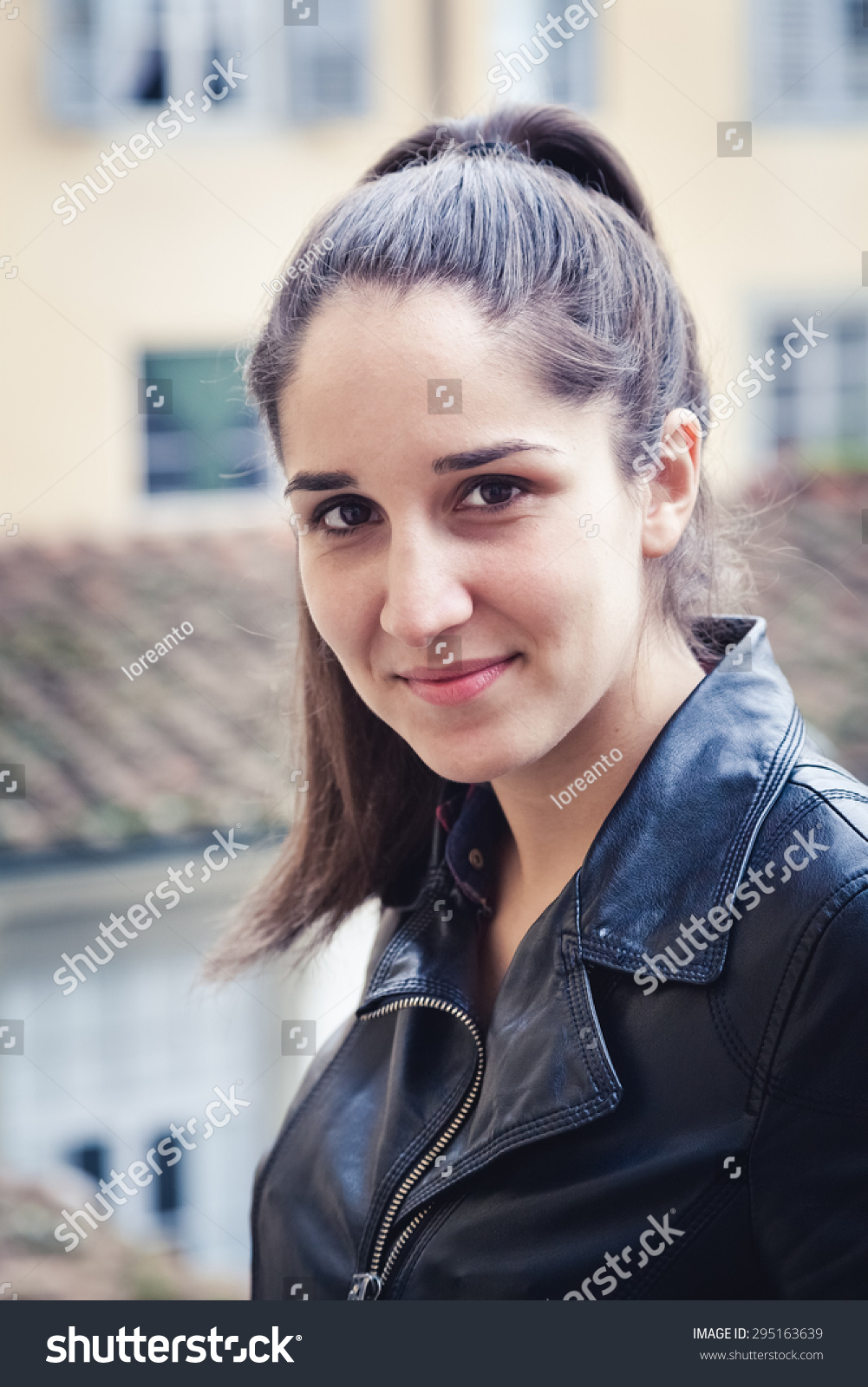 Portrait Beautiful Young Woman Leather Jacket Stock Photo 295163639 ...