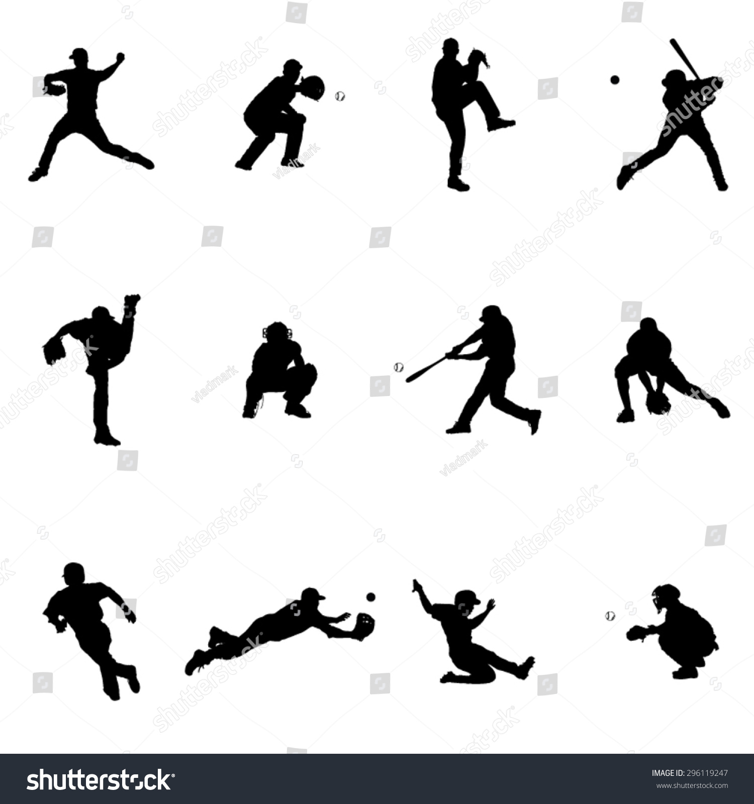 Baseball Set Twelve Black Vector Silhouette Stock Vector (Royalty Free ...