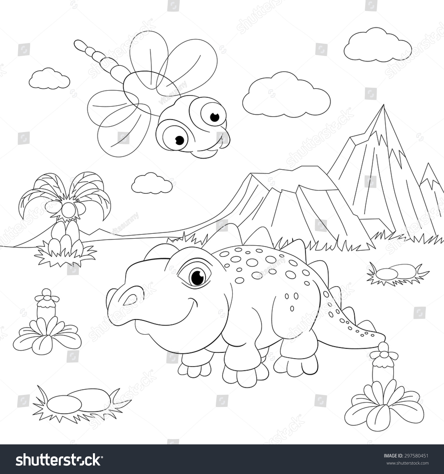 Coloring Book Funny Dinosaur Prehistoric Landscape Stock Vector ...