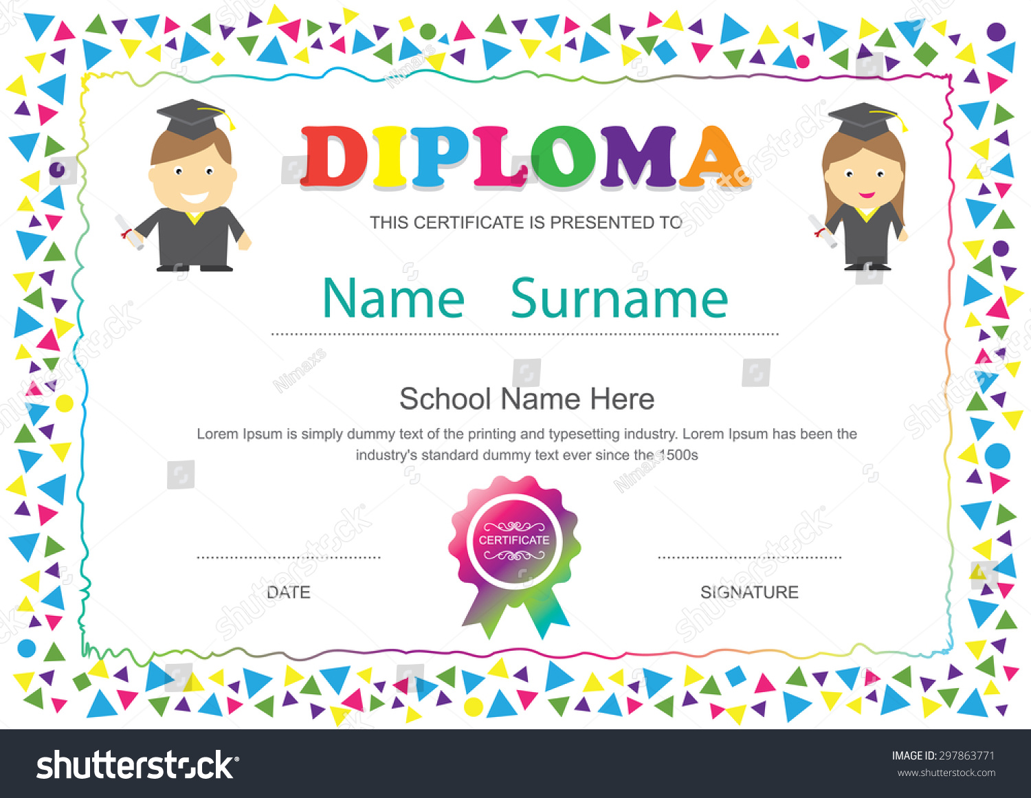 Preschool Kids Diploma Certificate Elementary School Stock Vector ...