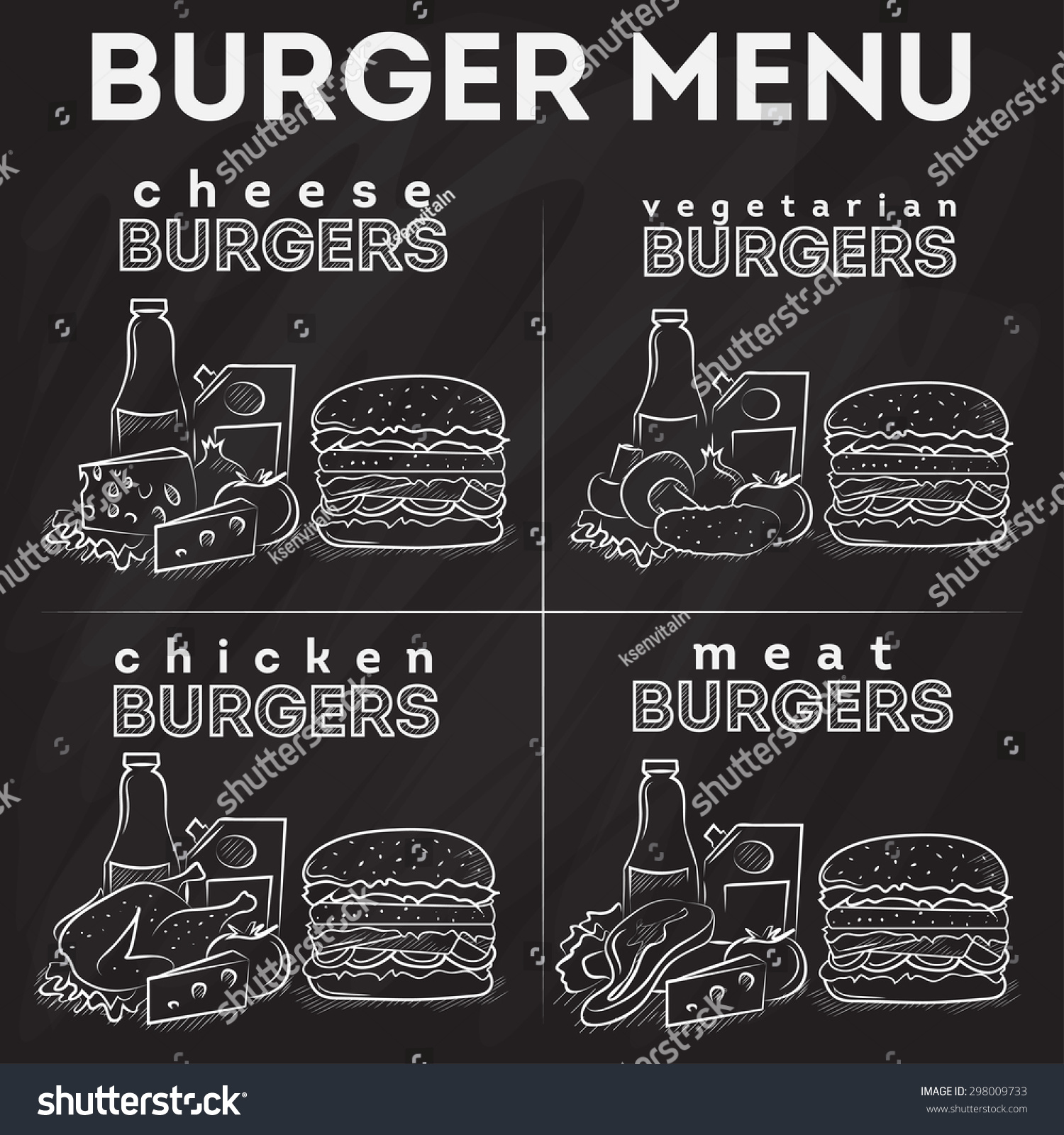 Burger Menu Poster On Black Chalkboard เวกเตอร์สต็อก ปลอดค่าลิขสิทธิ์ 298009733 Shutterstock 1395