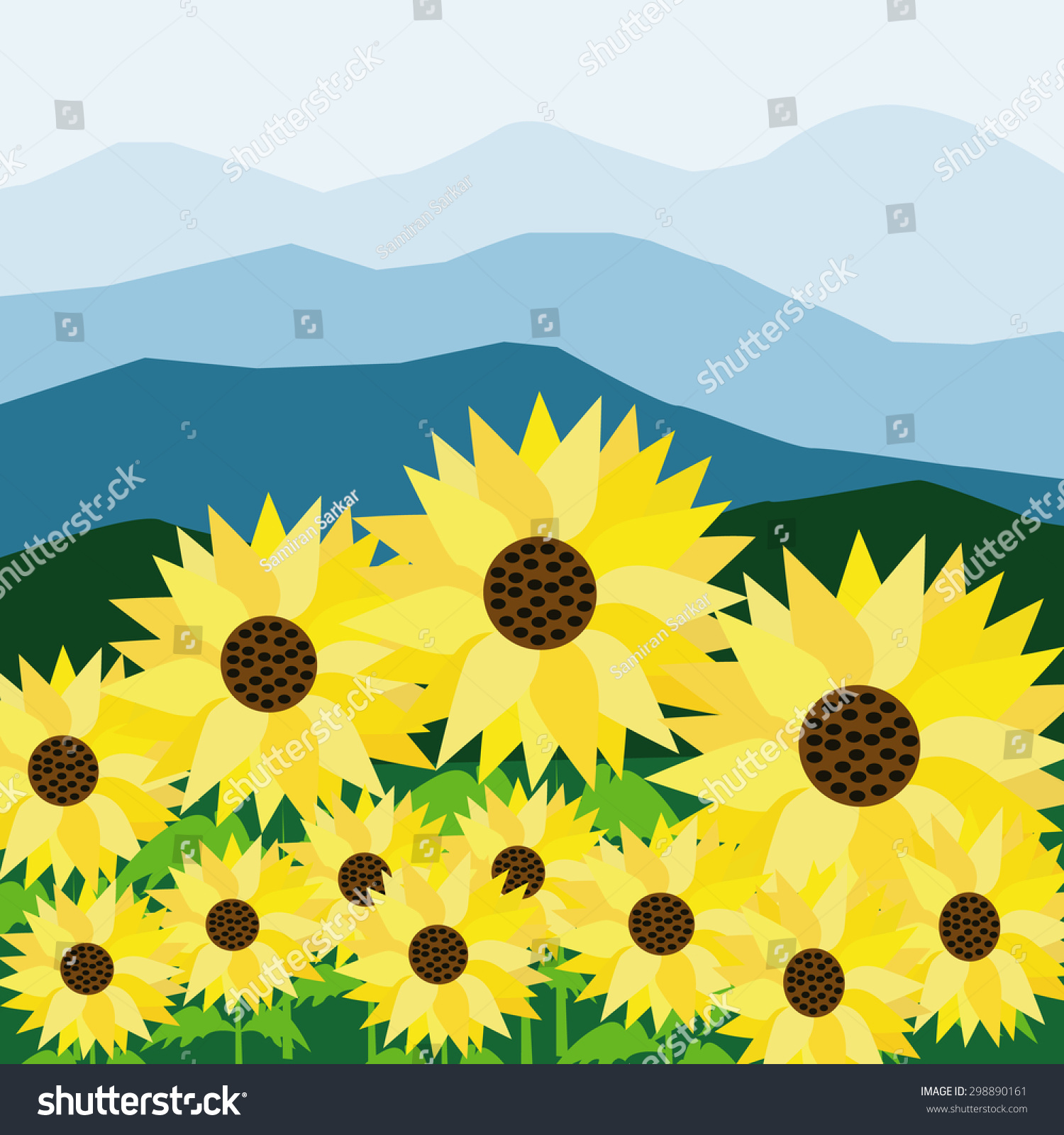 Sunflowers Mountain Landscape Stock Vector (Royalty Free) 298890161 ...