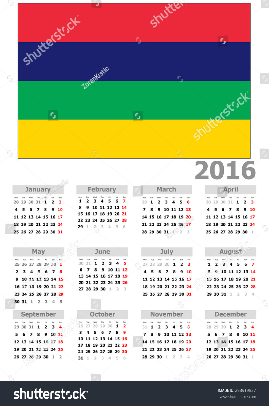 2016 Calendar Mauritius Country Flag Stock Illustration 298919837 ...