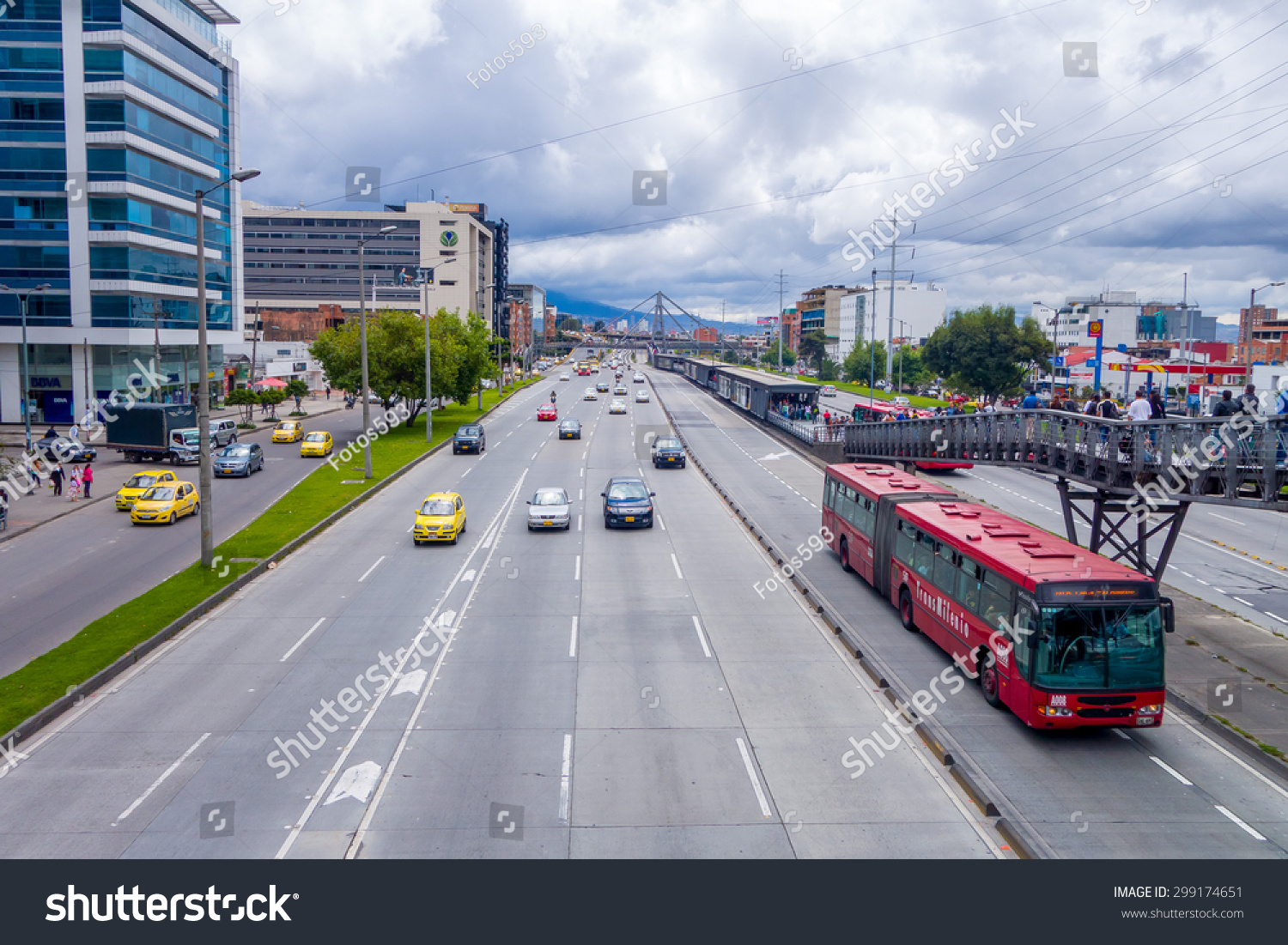 68 246 City Local Transportation Images Stock Photos Vectors   Stock Photo Bogota Colombia February Great Overview Shot Of Main Road Portraing Red Public 299174651 