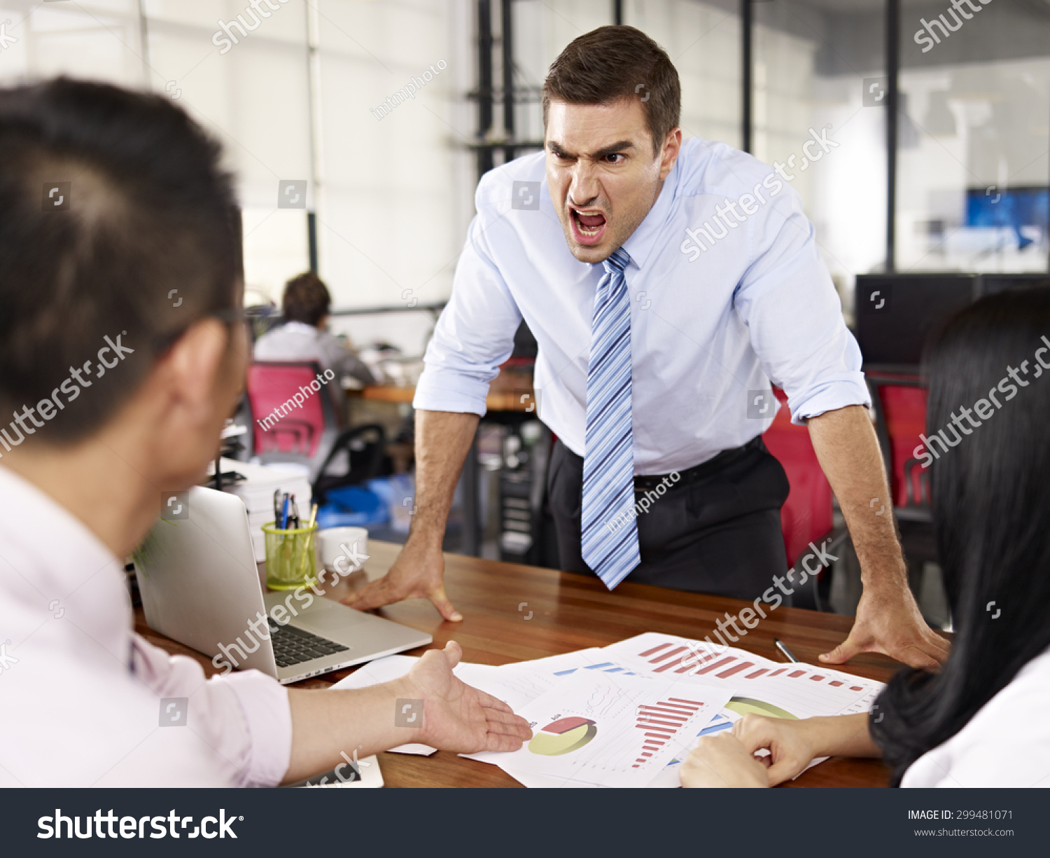 17 808 Manager Yelling Stock Photos Images Photography Shutterstock   Stock Photo Bad Tempered Caucasian Business Executive Yelling At Two Asian Subordinates In Office 299481071 