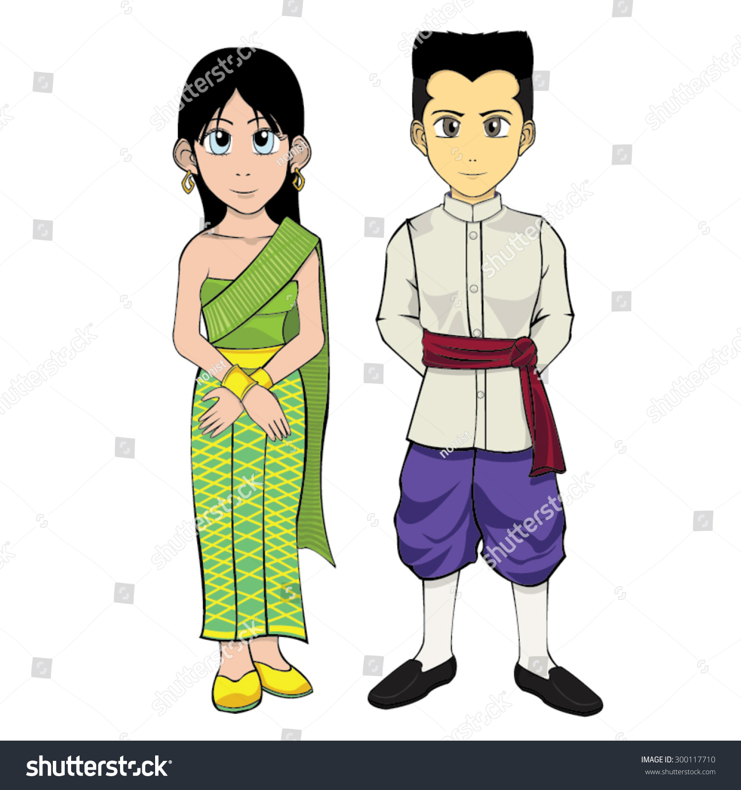 Vector Asian Couple Traditional Dress Cartoon Stock Vector (Royalty ...