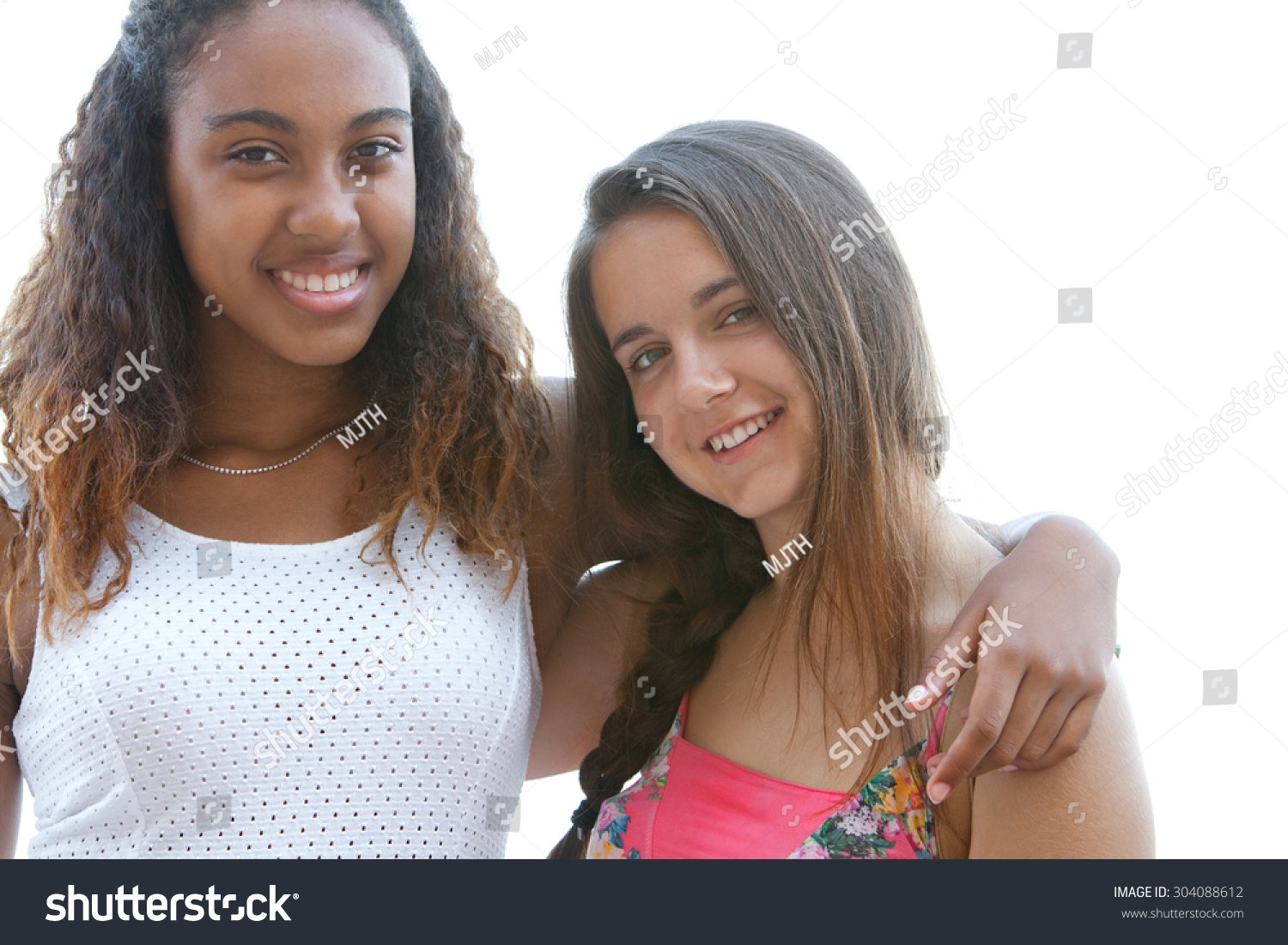 Portrait Two Young Teenager Girls Standing Stock Photo 304088612