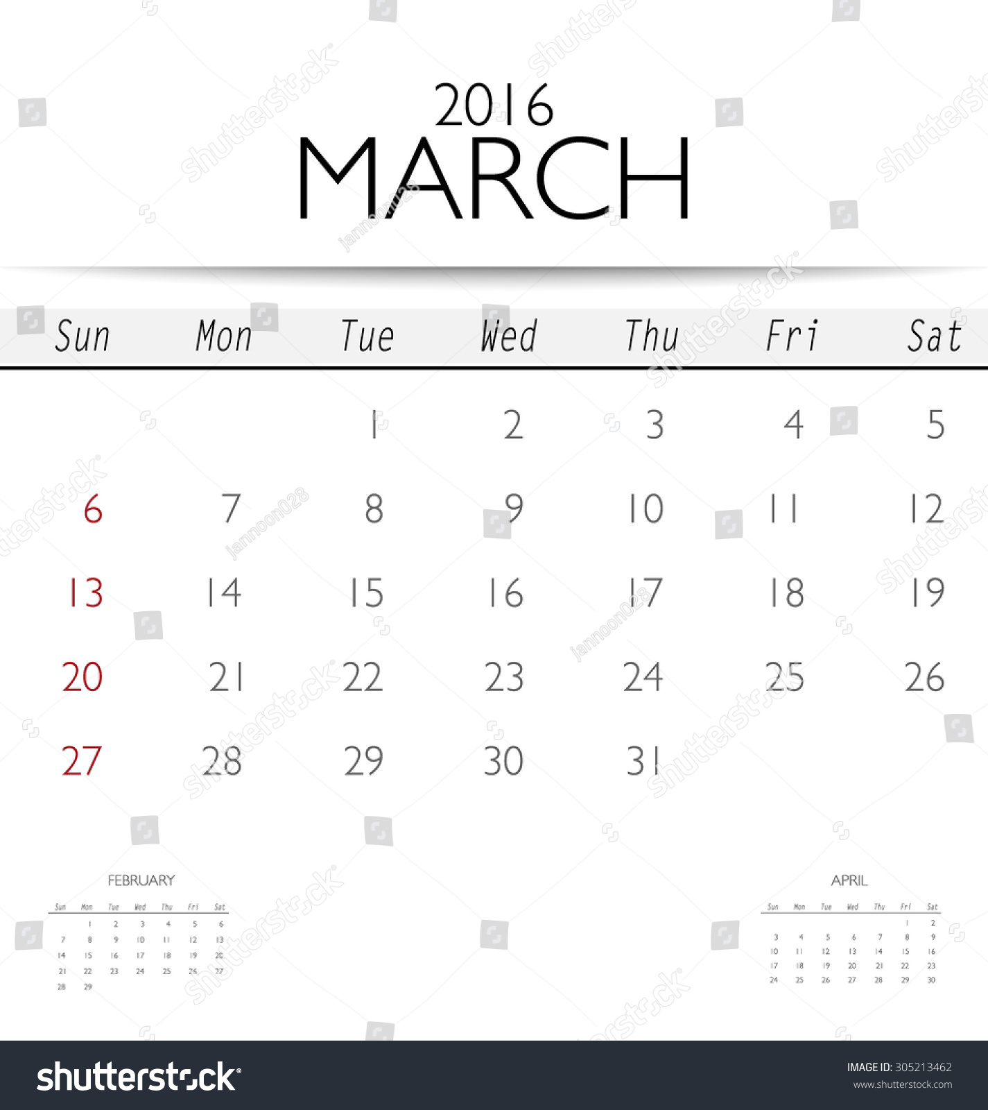 2016 Calendar Monthly Calendar Template March Stock Vector (Royalty ...