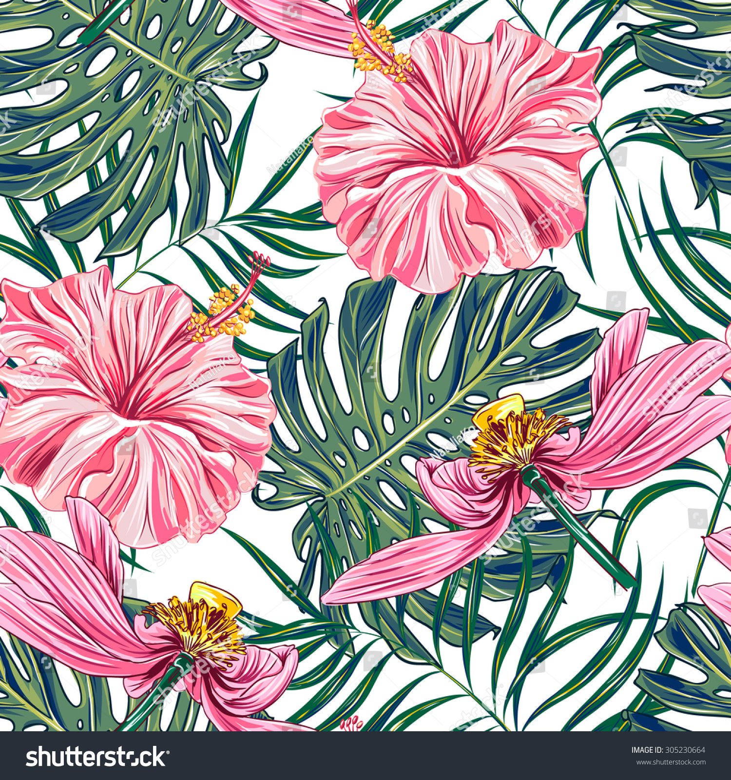 Tropical Flowers Palm Leaves Hibiscus Pink Stock Vector (Royalty Free ...