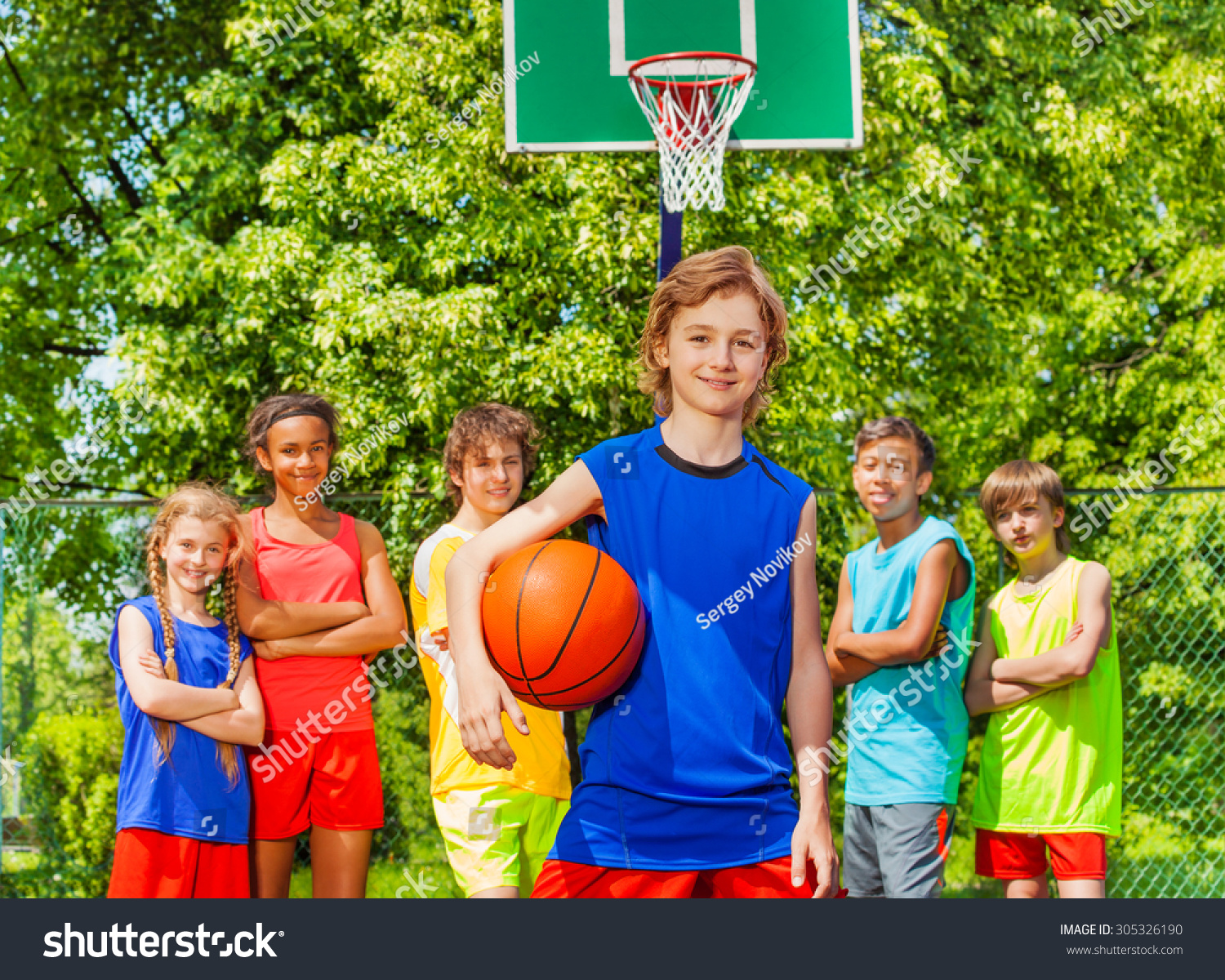 Cute Boy Ball Happy Friends Behind Stock Photo 305326190 