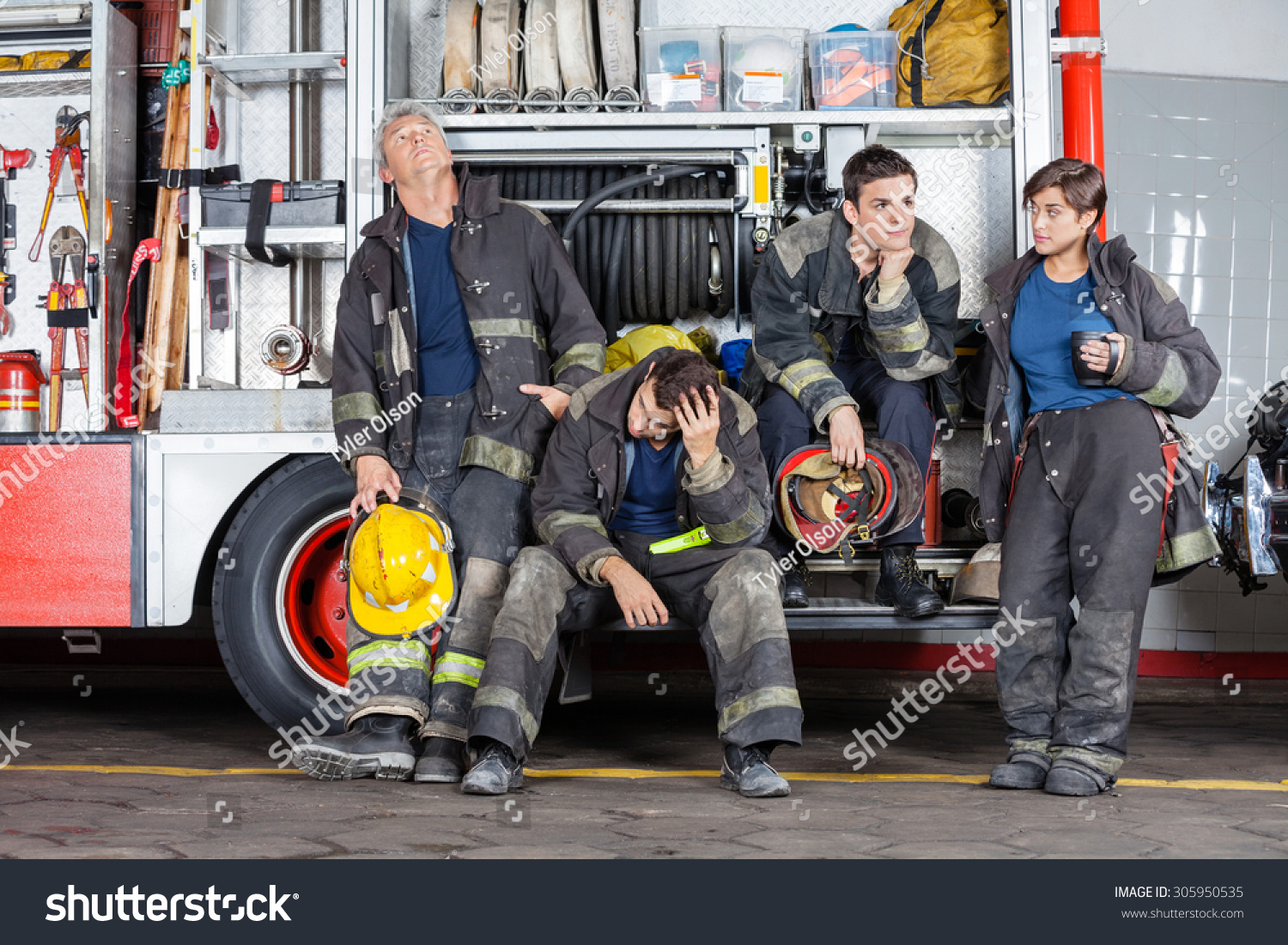 Team Tired Firefighters Truck Fire Station Stock Photo 305950535 ...