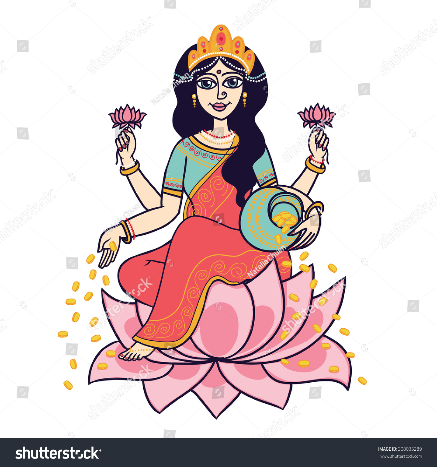 Vektor Stok Cartoon Vector Indian Goddess Lakshmi Sitting (Tanpa