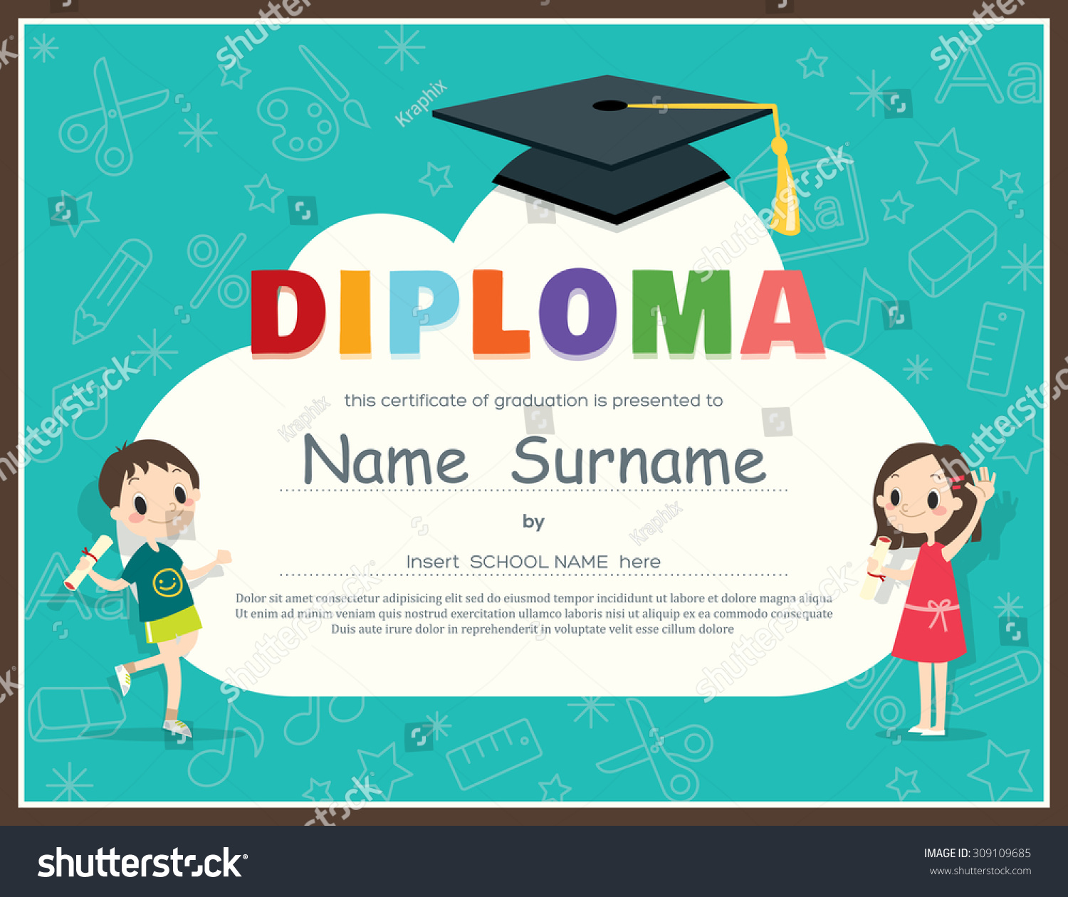 Vektor Stok Primary School Kids Diploma Certificate Background Tanpa