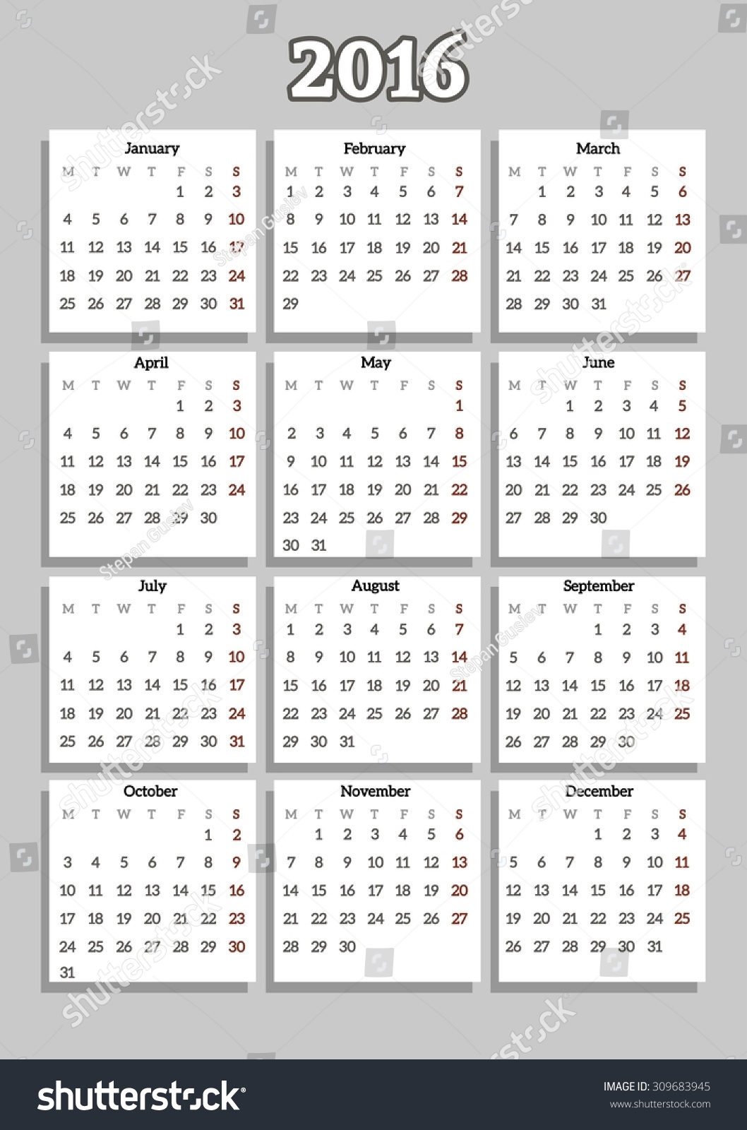 2016 Year Calendar Week Starts On Stock Vector (Royalty Free) 309683945 ...