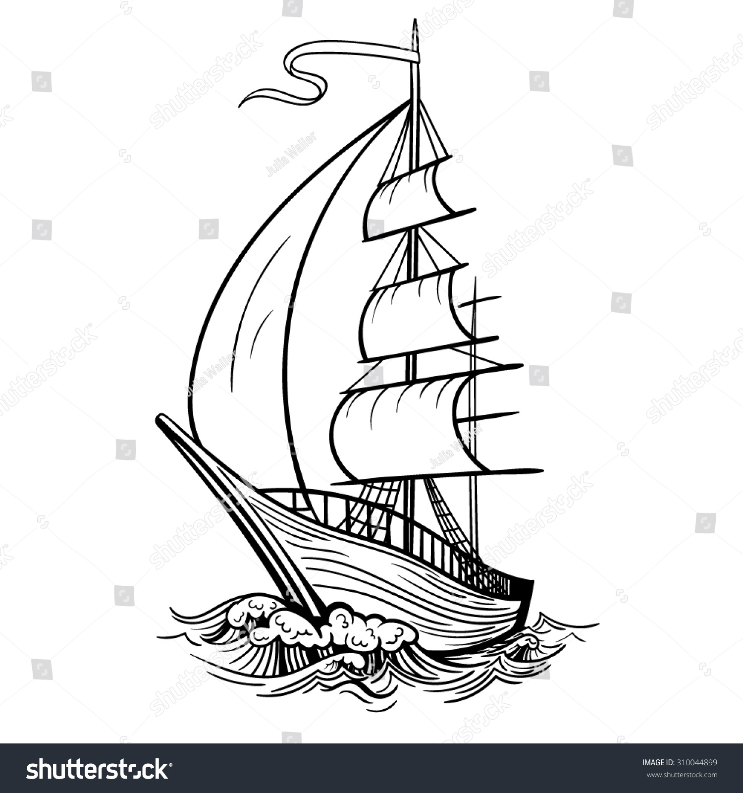 Горы и корабль черно белый рисунок