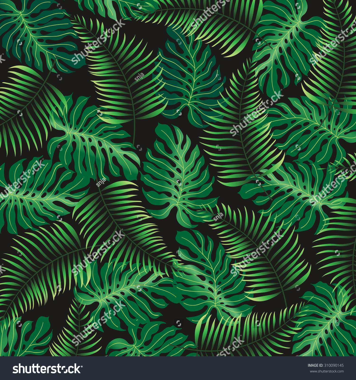 Tropical Foliage On Black Background Pattern Stock Vector (Royalty Free ...