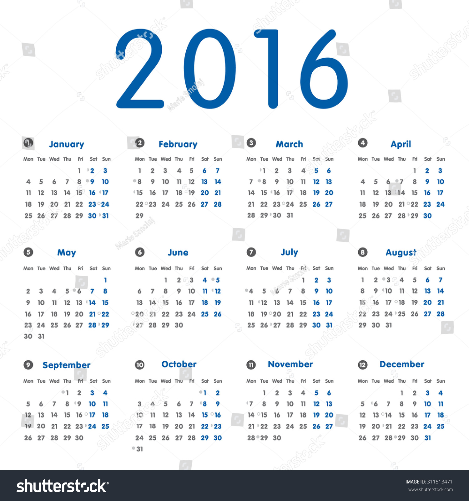 Vector Modern Simple Calendar 2016 Moon Stock Vector (Royalty Free ...