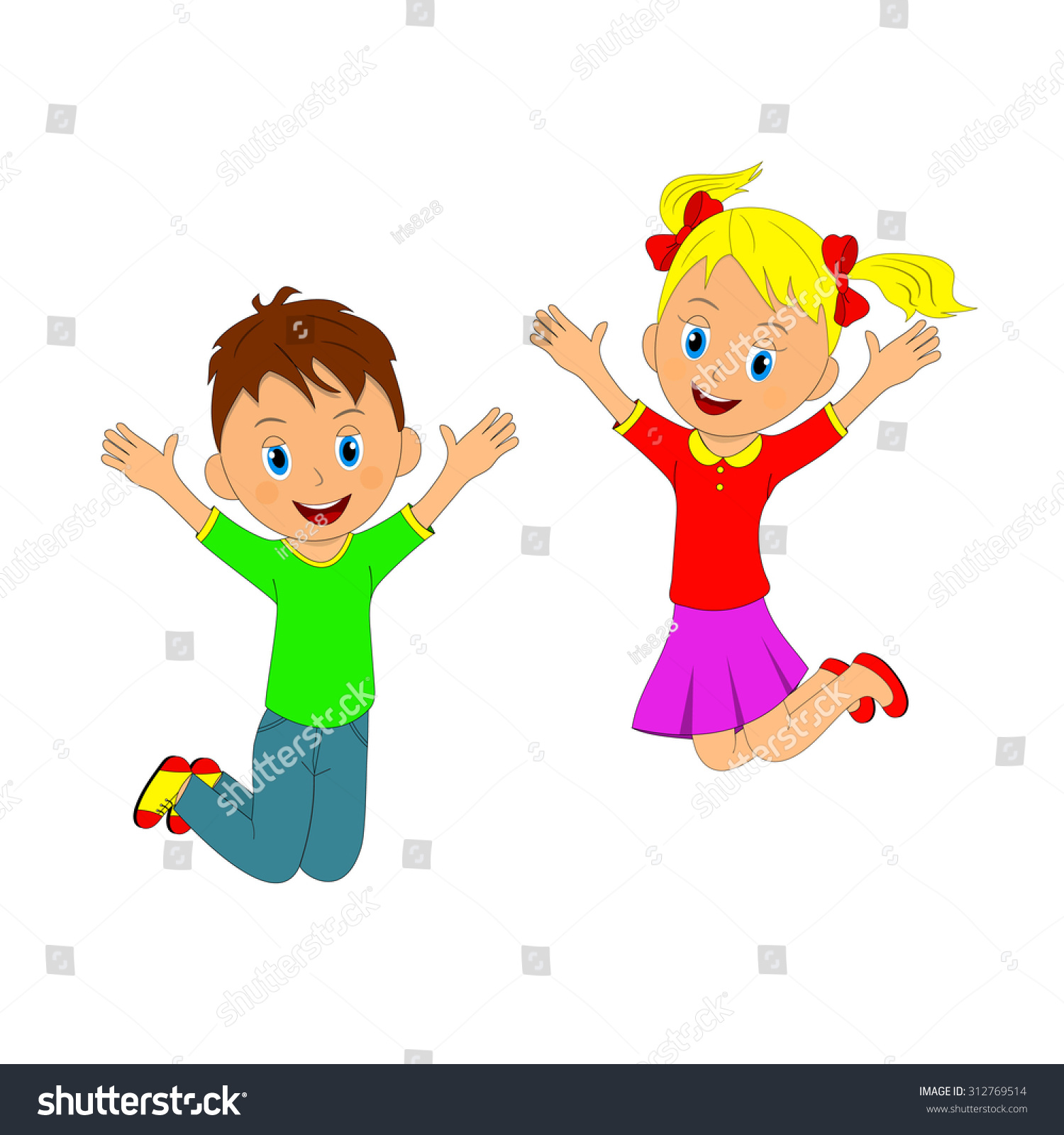 Childrenboy Girl Jumping Smiling Their Hands Stock Vector (Royalty Free ...