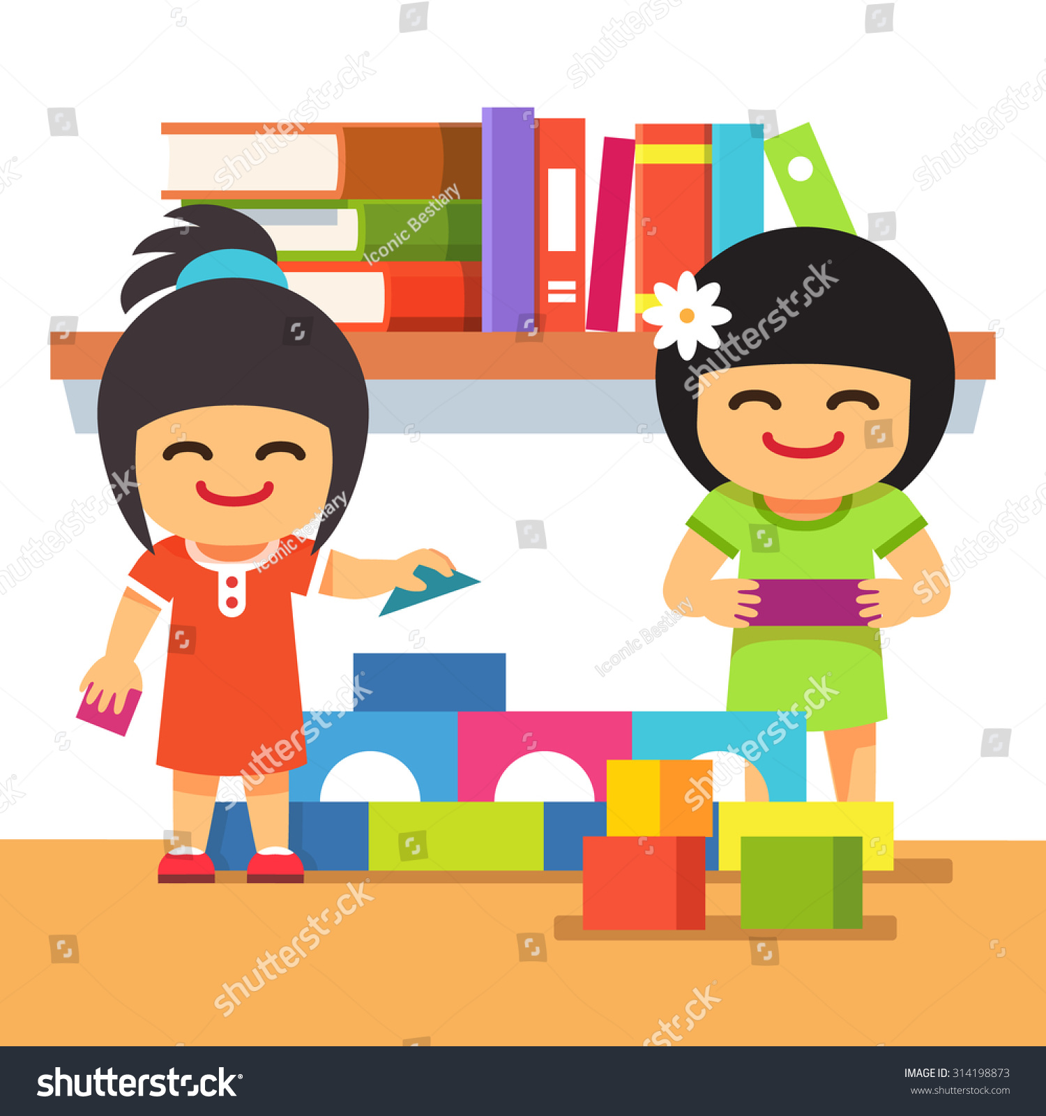 Asian Children Playing Bricks Building Tower Stock Vector (Royalty Free ...