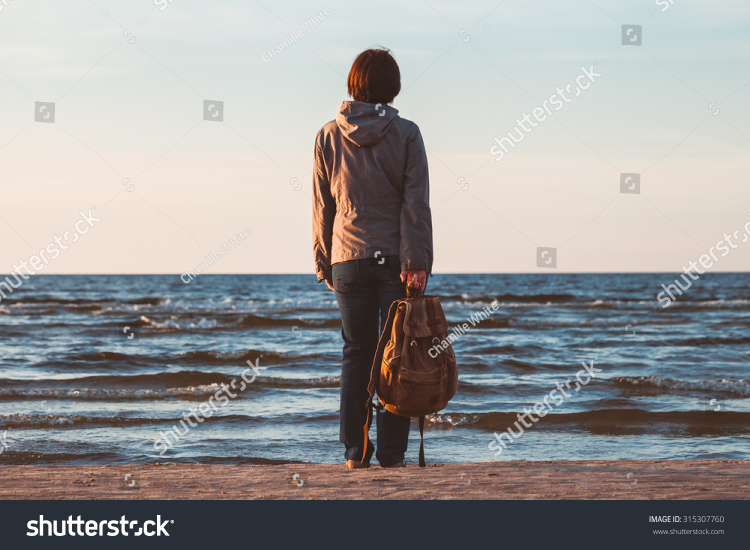 Sad Woman Backpack Looking Sea Sunset Stock Photo 315307760 | Shutterstock