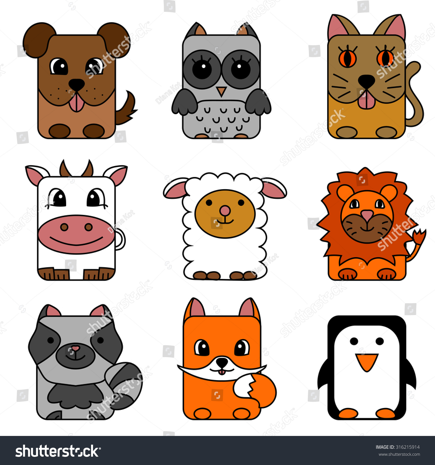 Set Nine Cute Cartoon Square Animals Stock Vector (Royalty Free ...