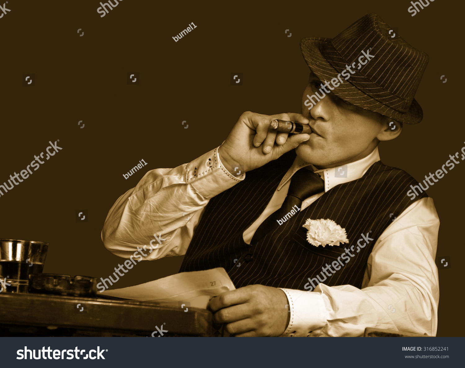 Young Gangster Hat Smoking Cigar Studio Stock Photo 316852241 ...