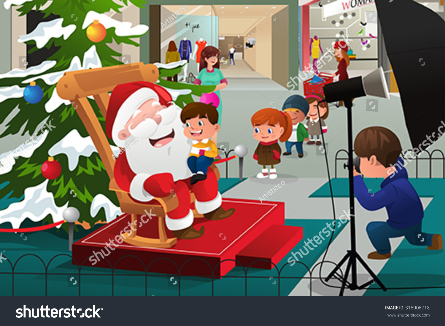 vector-illustration-kids-lining-mall-waiting-stock-vector-royalty-free