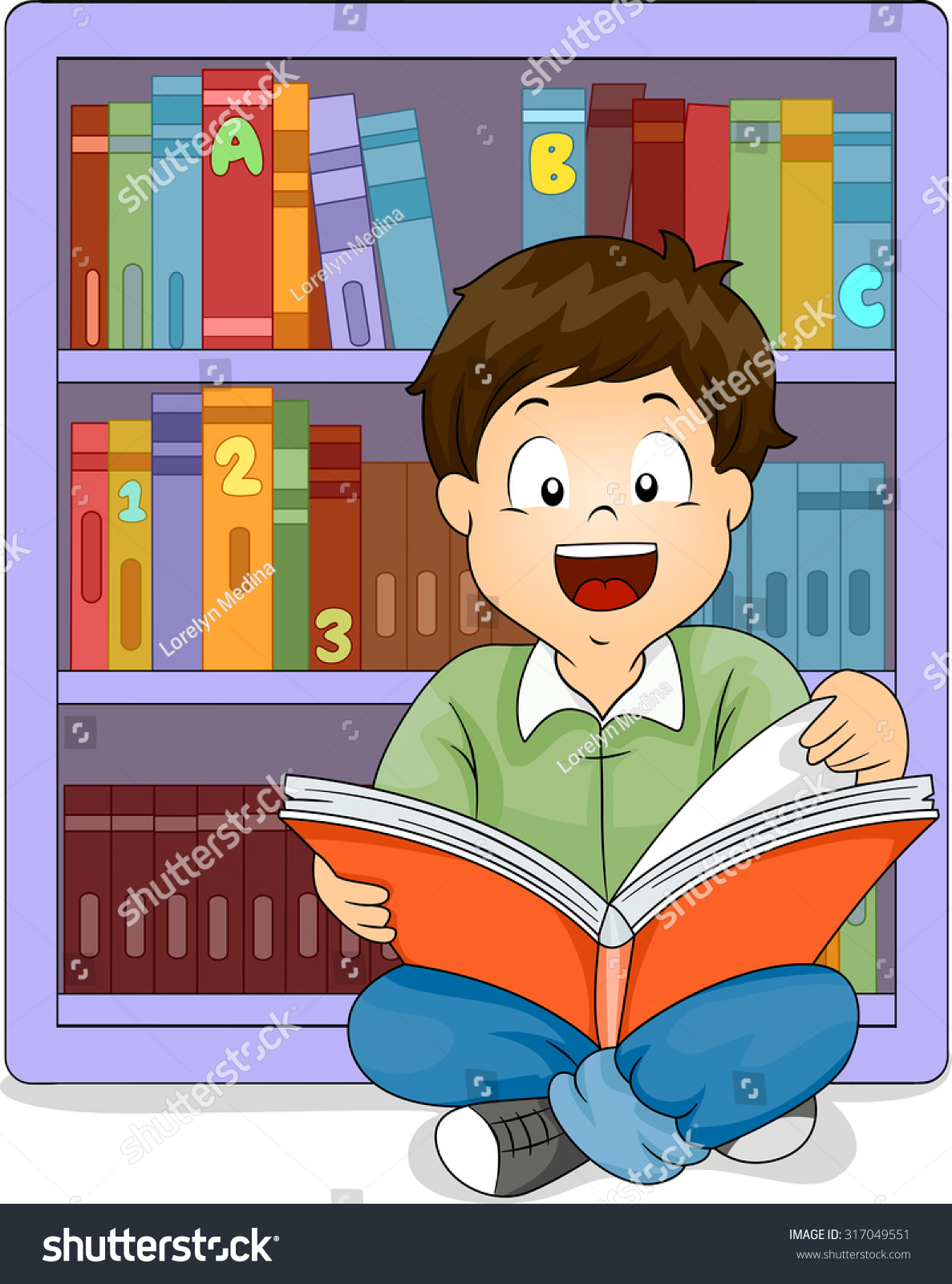 Illustration Little Boy Sitting Front Bookshelf Stock Vector (Royalty ...