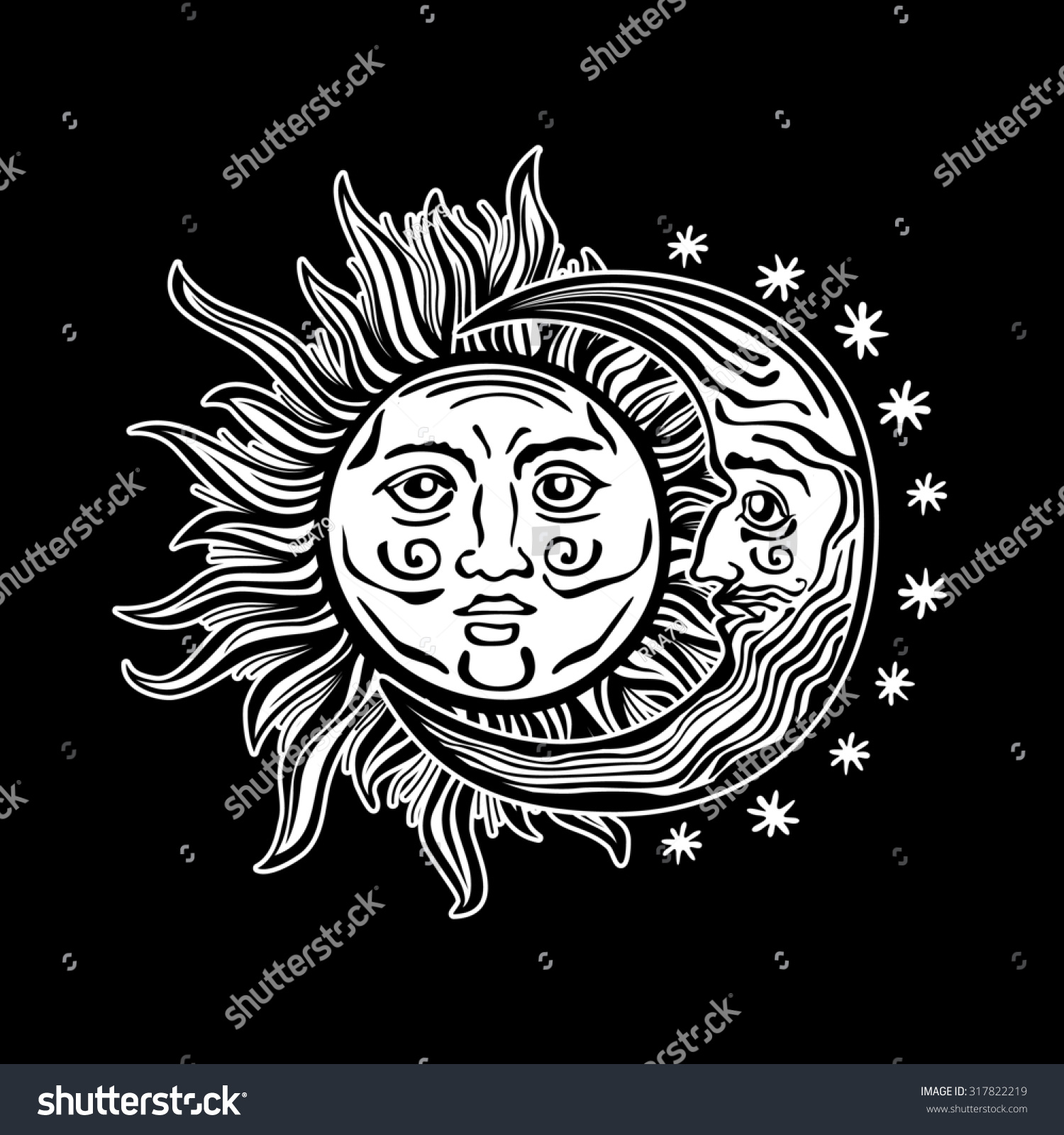 Etchedstyle Cartoon Illustration Sun Moon Star Stock Illustration ...