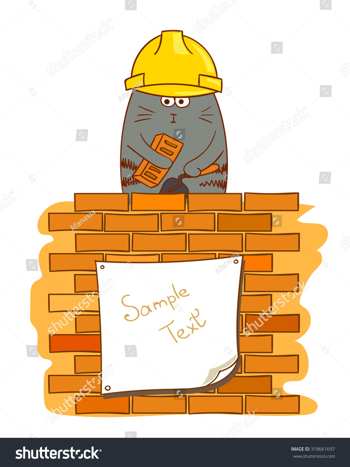 Cartoon Cat Bricklayer Funny Construction Worker Stock Vector Royalty