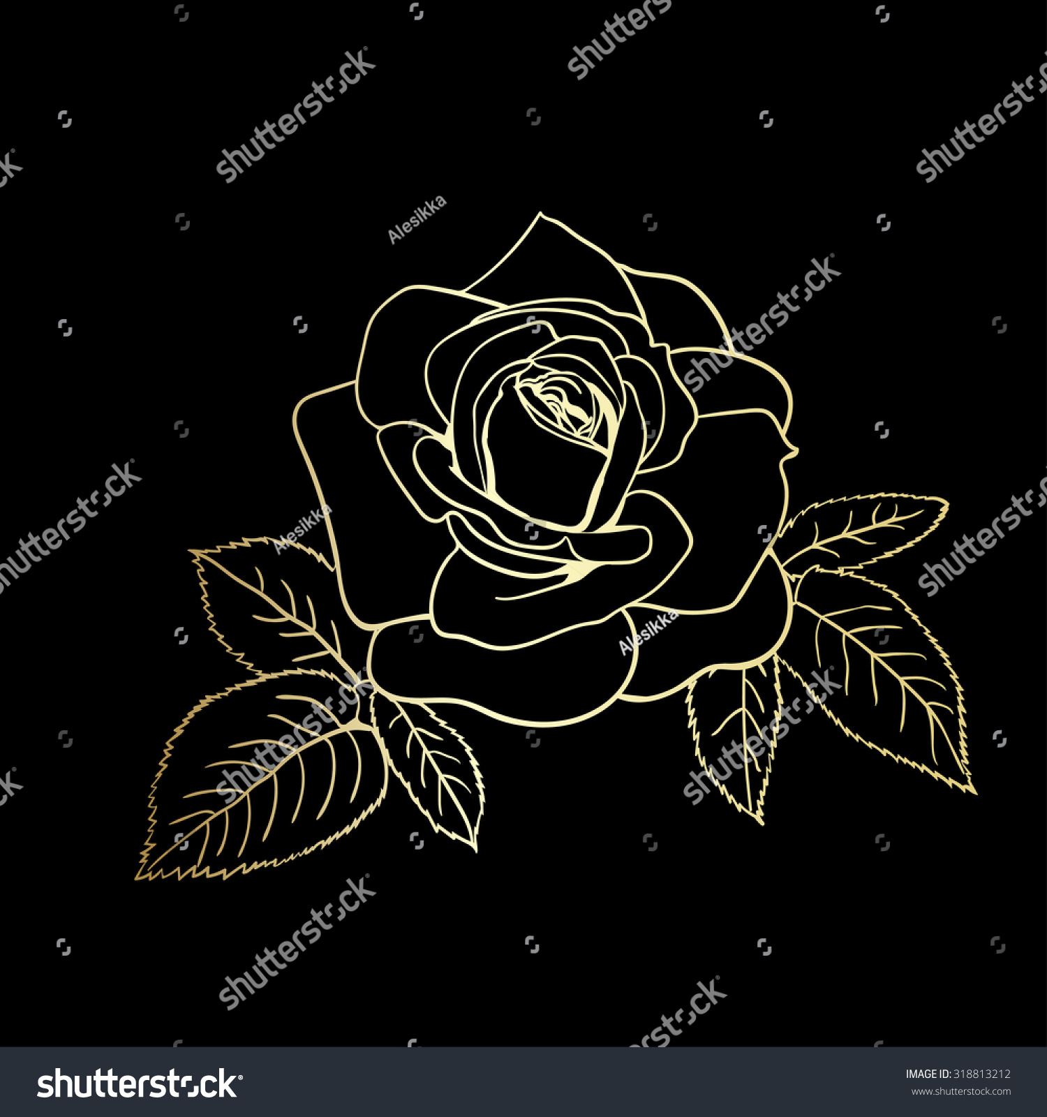 Rose Sketch Golden Outline On Black Stock Vector (royalty Free 