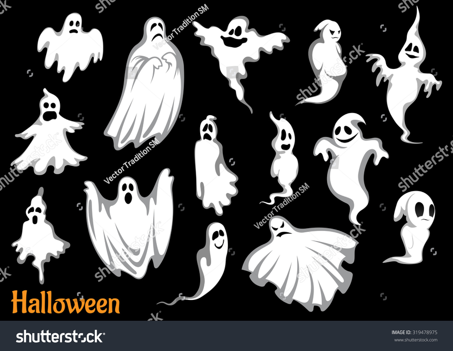 Eerie Flying Halloween Ghosts Monsters Isolated Stock Vector (Royalty ...